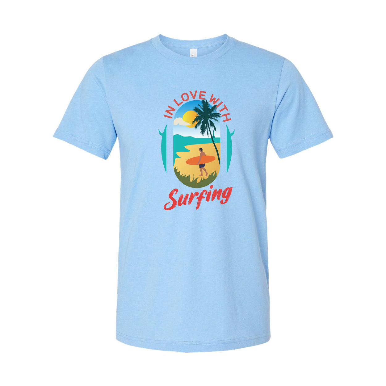 In Love With Surfing Graphic Unisex T Shirt Beach Scene Sunset Palm Design For Surf Lovers Worldwide