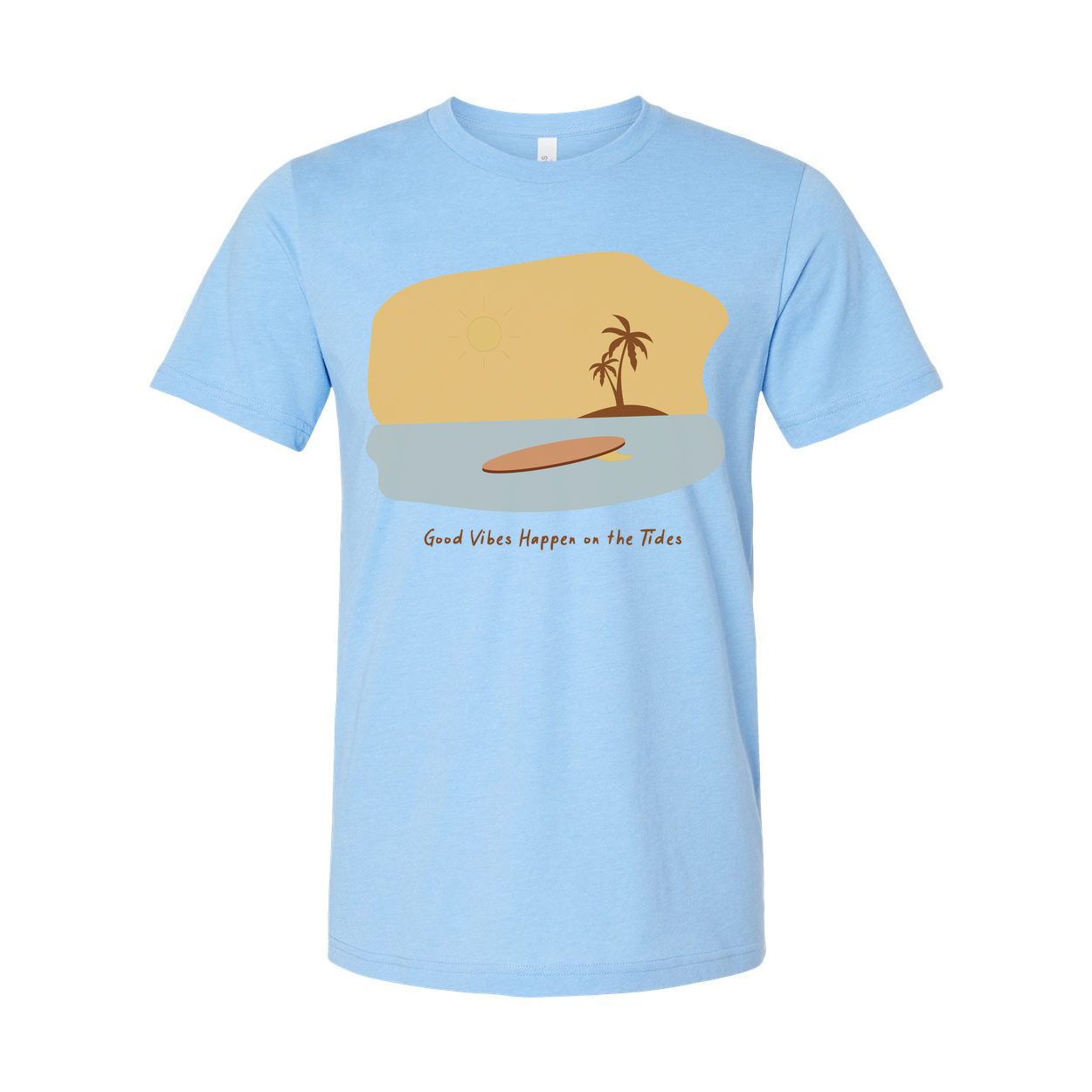 Unisex Surfing Graphic T Shirt With Surfboard Sunset Beach Scene And Palm Tree Artwork