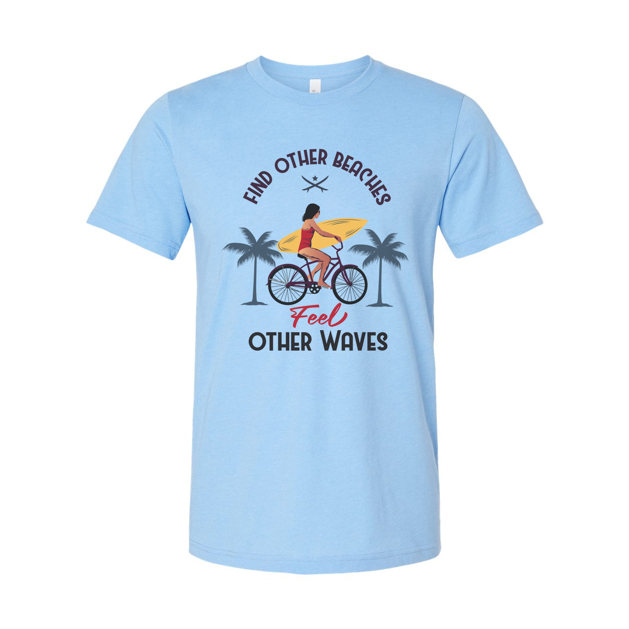 Unisex Surfing Graphic Tee With Surfboard Ride And Palm Trees On Beach Scene For Summer Vibes
