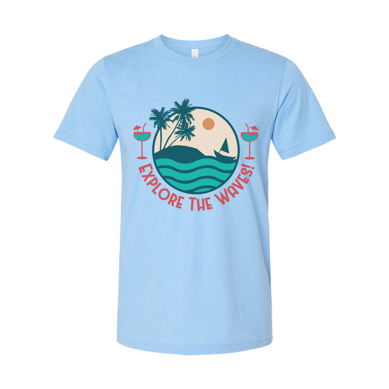 Unisex Surfing Graphic Tee With Circle Beach Scene Palm Trees Waves And Explore The Waves Text
