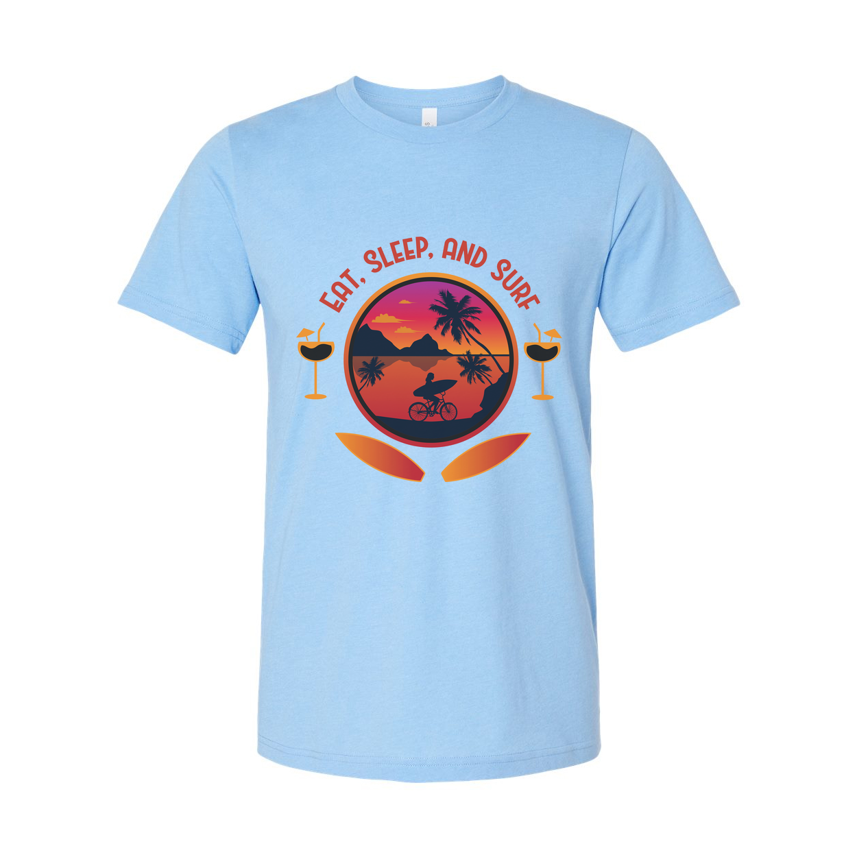 Eat Sleep And Surf Graphic Tee For Unisex Wear With Sunset Beach Scene And Palm Trees