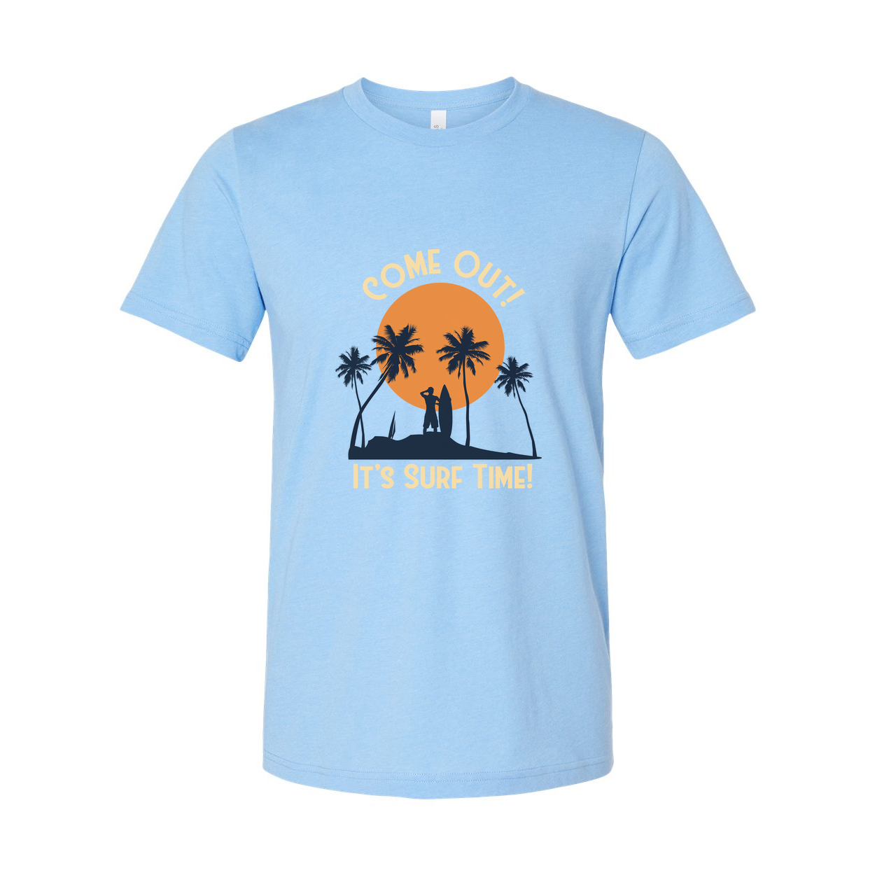 Unisex Surfing T Shirt With Sunset Palm Tree Silhouette And Come Out Its Surf Time
