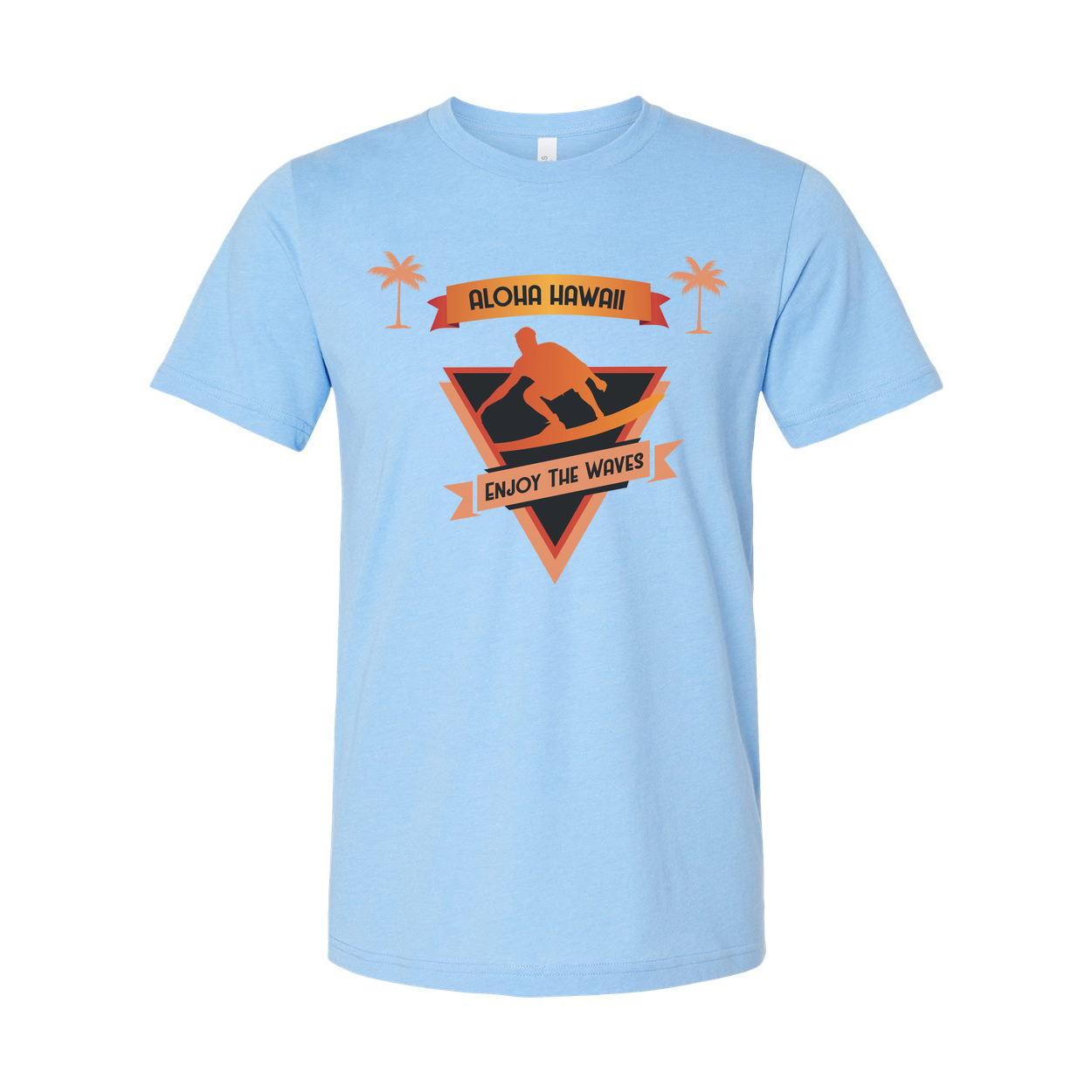 Unisex Surfing Graphic T Shirt With Aloha Hawaii Banner And Wave Surfer Emblem Design