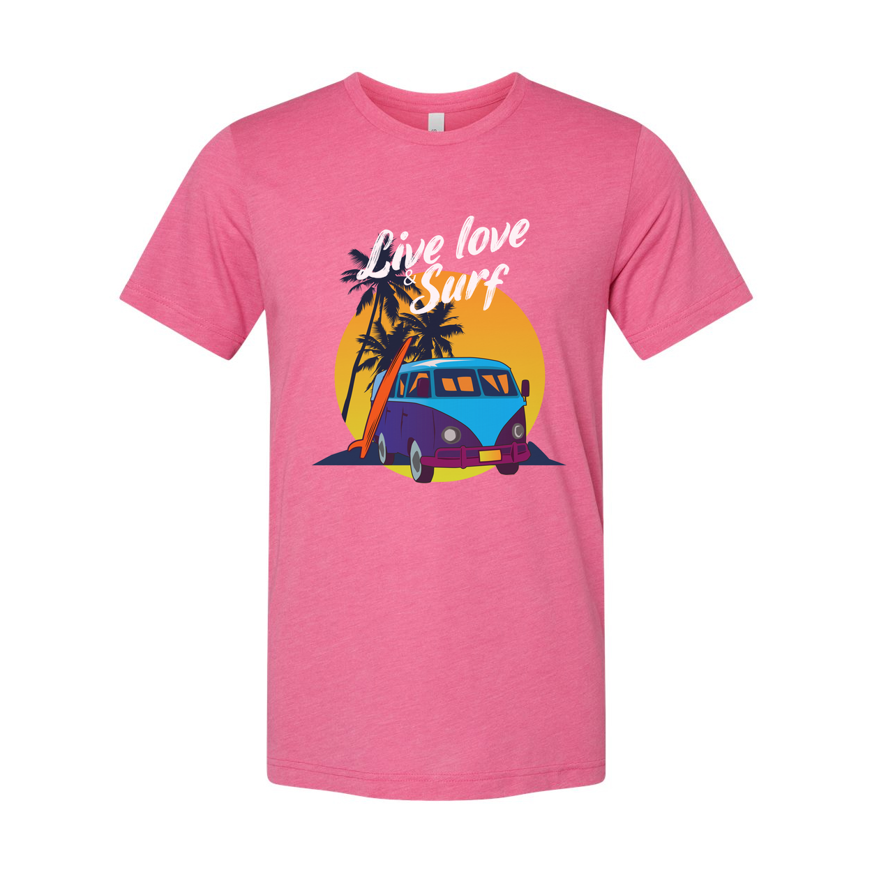 Unisex Surf Design T Shirt With Retro VW Van Palm Trees Sunset Background And Beach Vibe