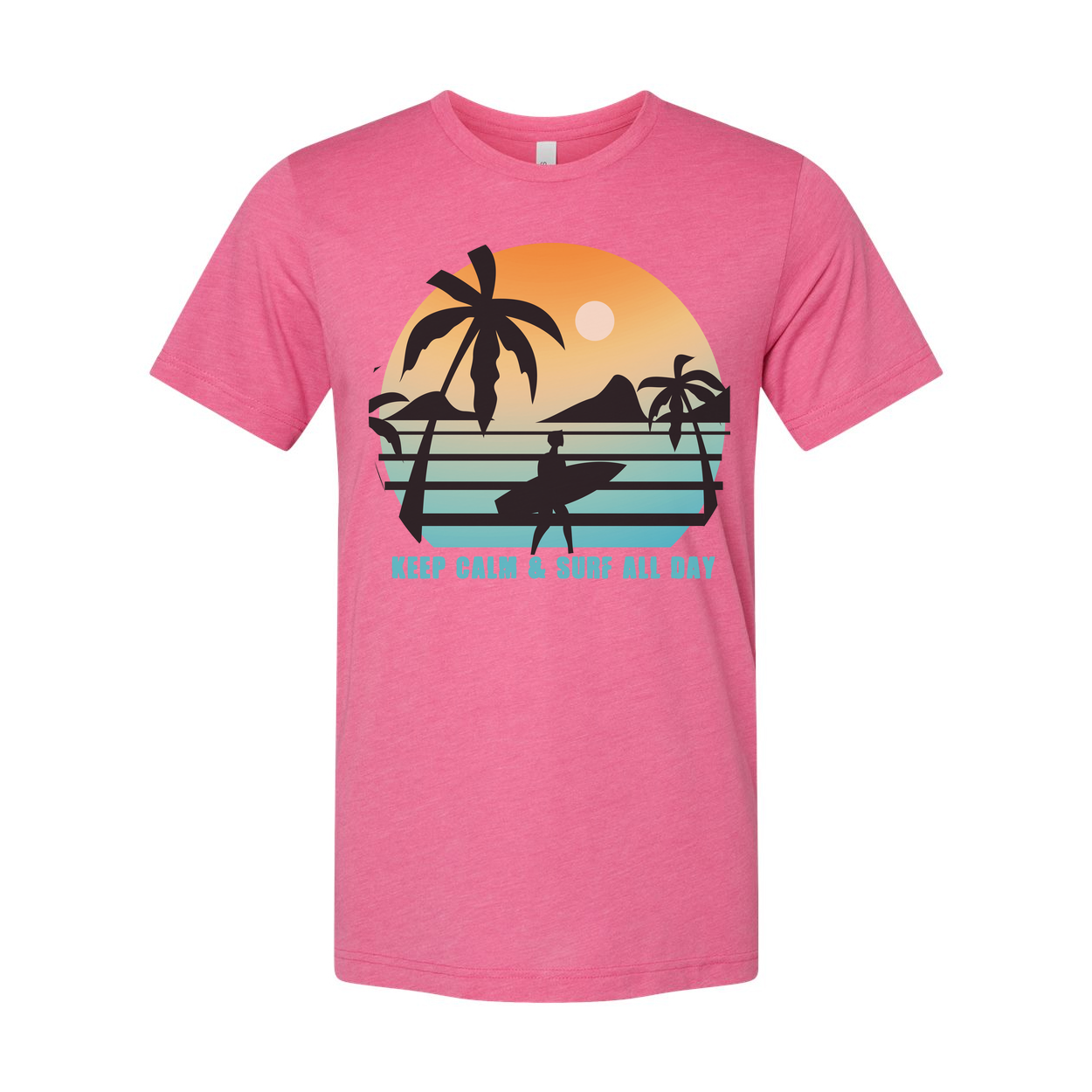 Unisex Sunset Surf Tee With Palm Tree Silhouette And Surfboard Graphic Keep Calm And Surf All Day
