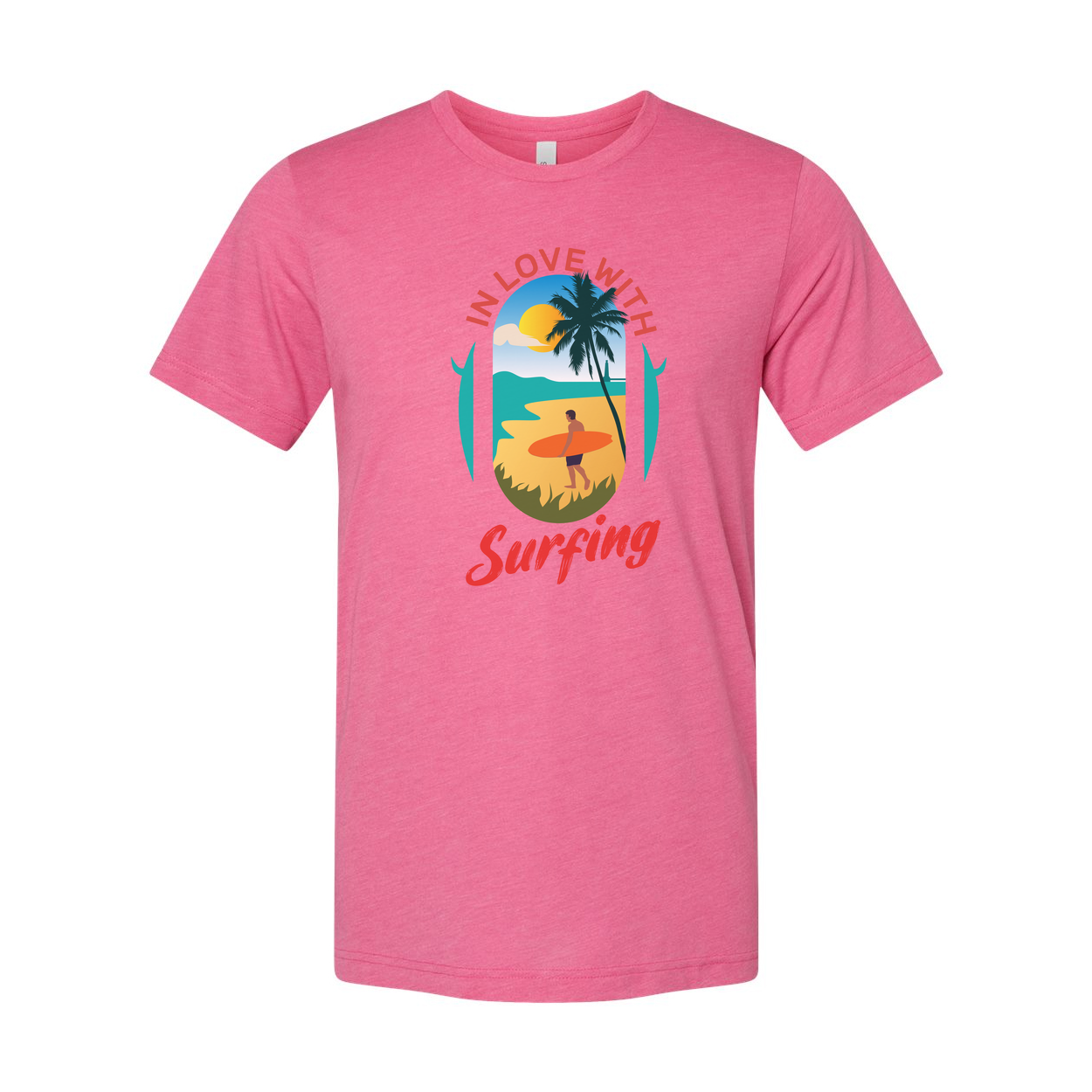 In Love With Surfing Graphic Unisex T Shirt Beach Scene Sunset Palm Design For Surf Lovers Worldwide
