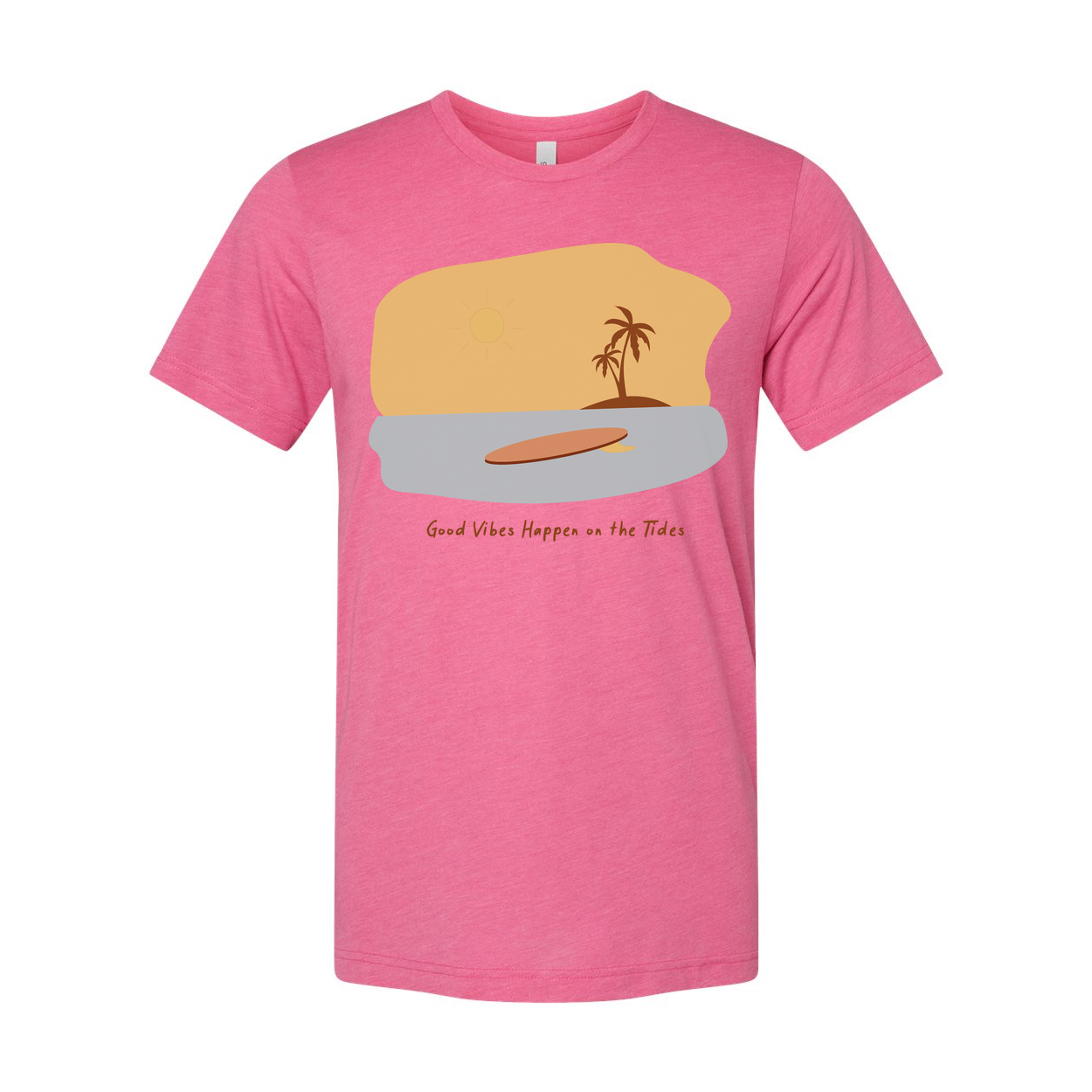 Unisex Surfing Graphic T Shirt With Surfboard Sunset Beach Scene And Palm Tree Artwork