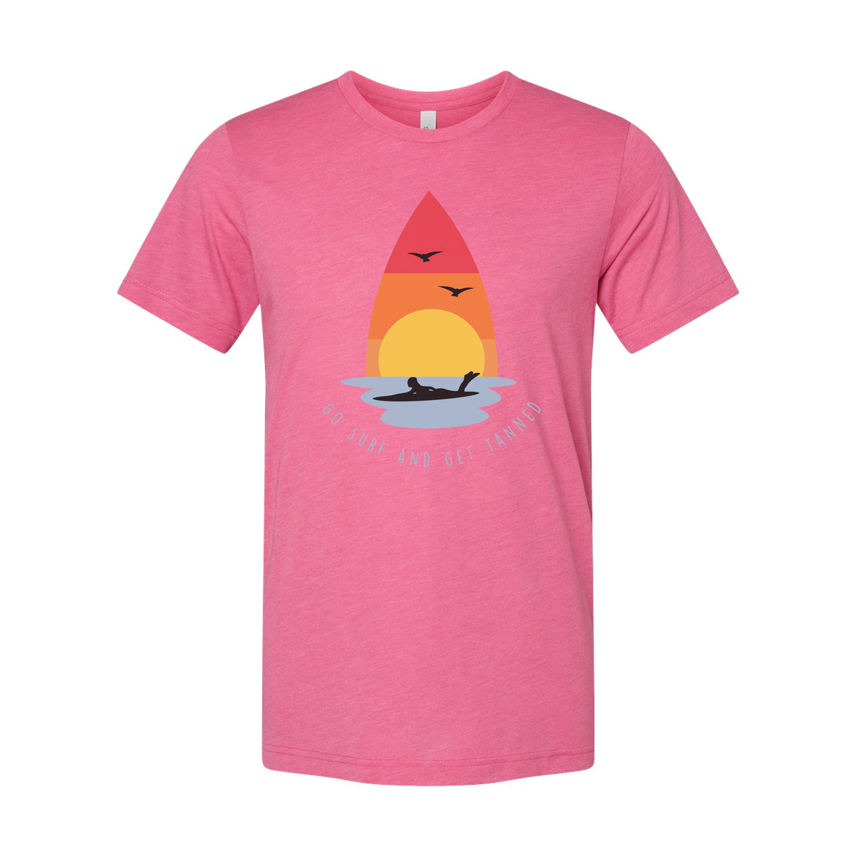 Unisex Surfing T Shirt With Sunset Surfboard Graphic And Ocean Sunrise Design Go Surf And Get Tanned Motif