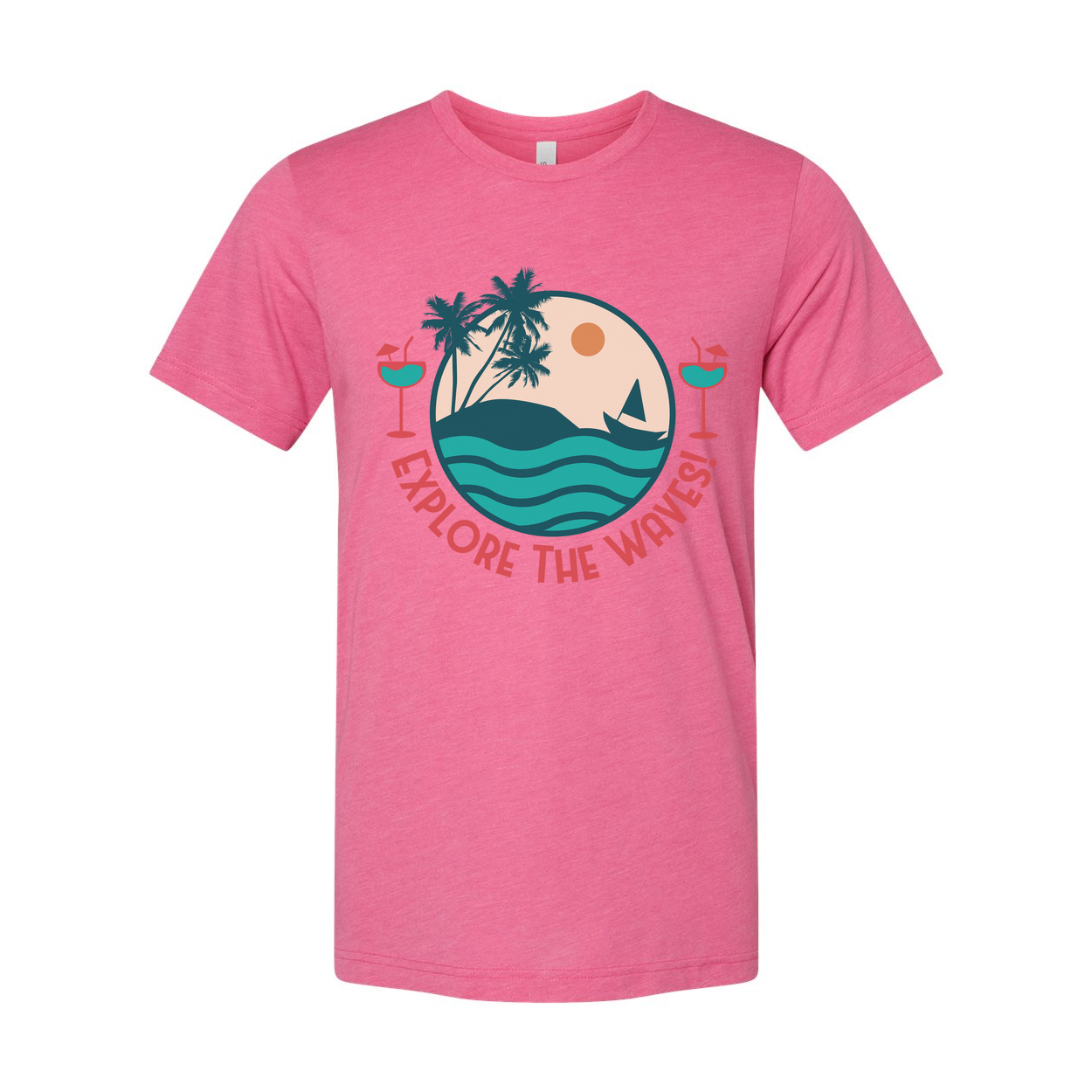 Unisex Surfing Graphic Tee With Circle Beach Scene Palm Trees Waves And Explore The Waves Text