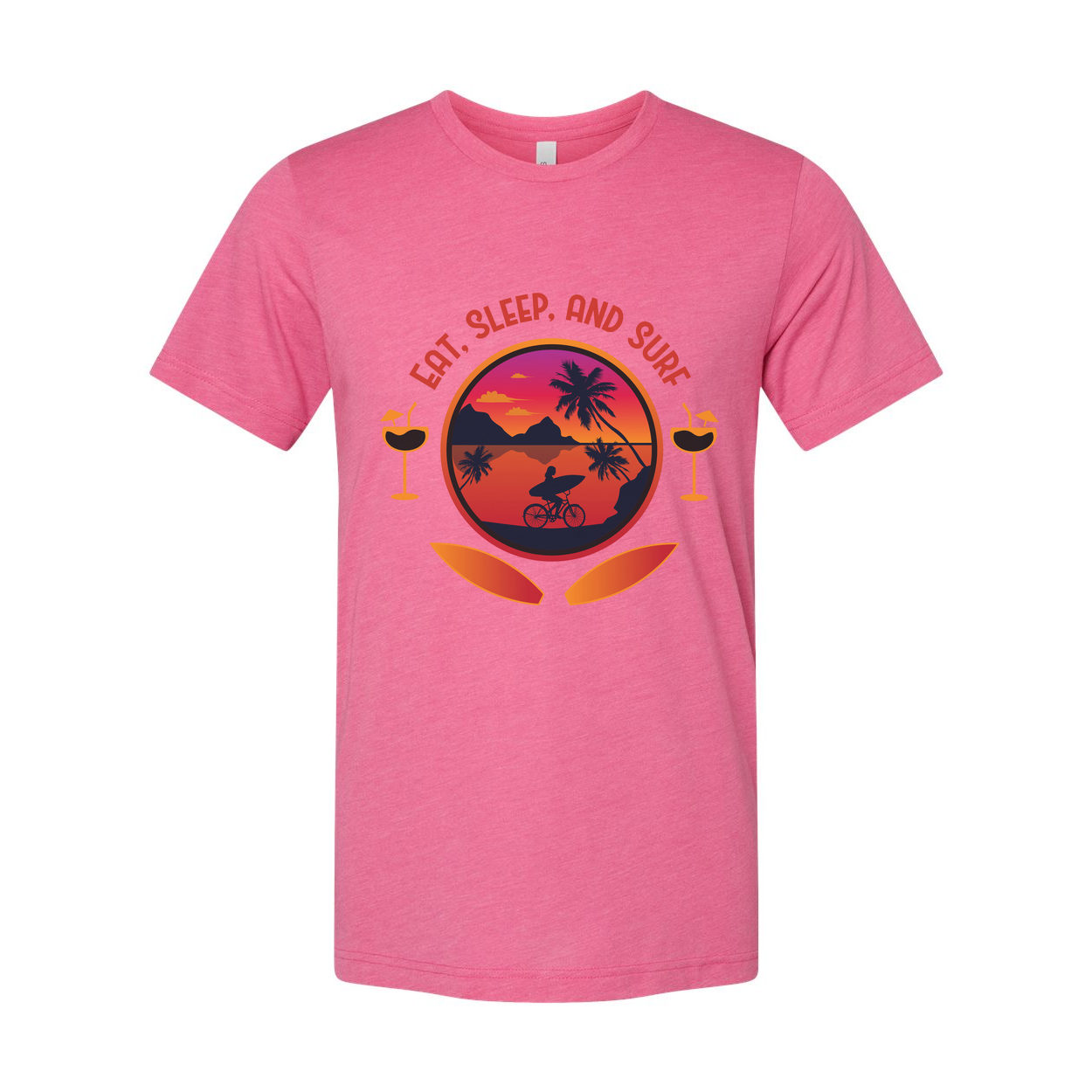 Eat Sleep And Surf Graphic Tee For Unisex Wear With Sunset Beach Scene And Palm Trees