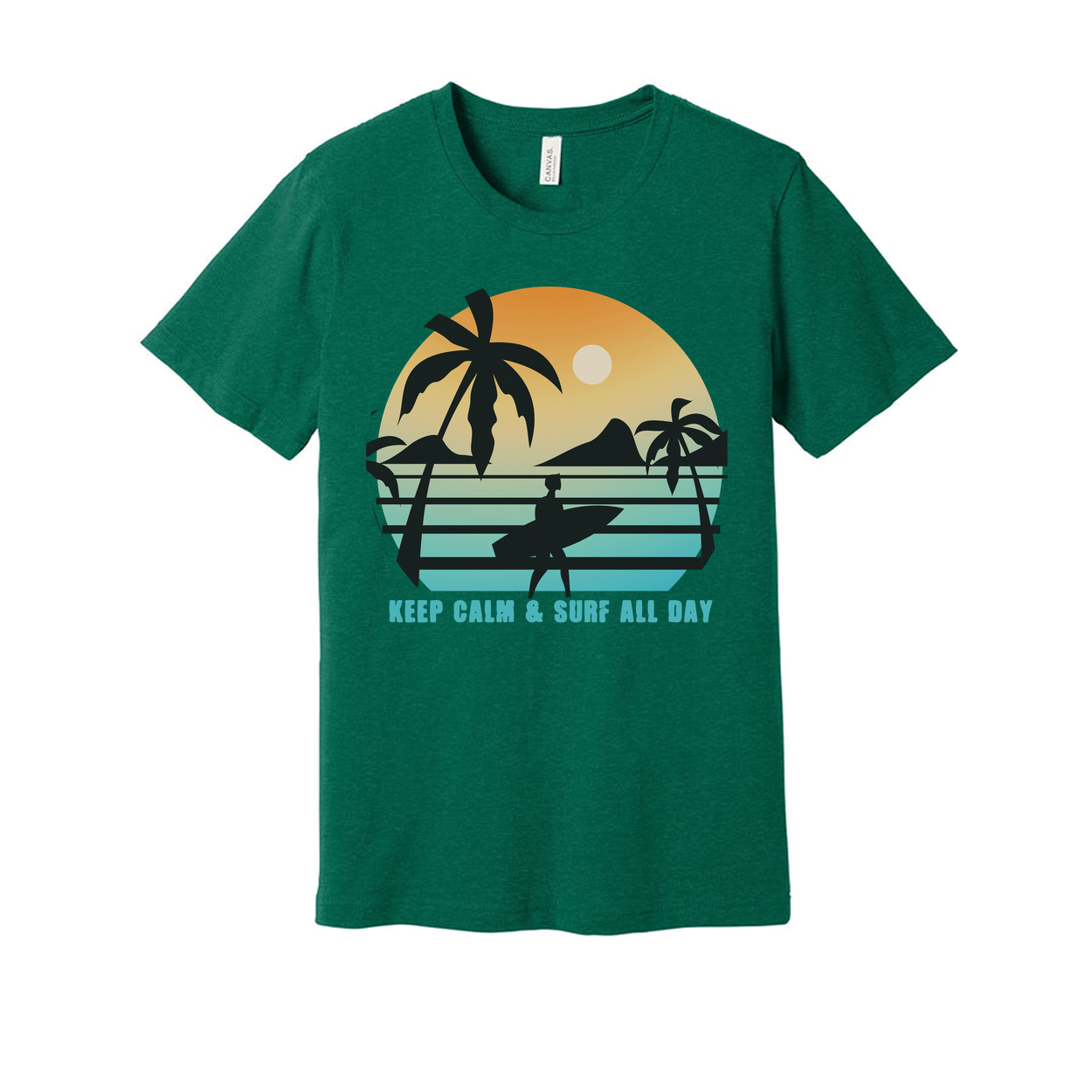 Unisex Sunset Surf Tee With Palm Tree Silhouette And Surfboard Graphic Keep Calm And Surf All Day