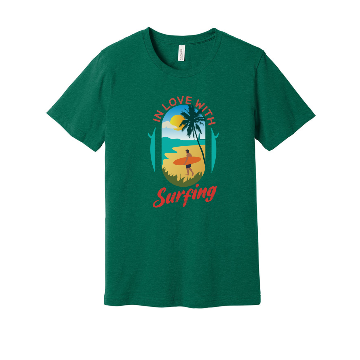 In Love With Surfing Graphic Unisex T Shirt Beach Scene Sunset Palm Design For Surf Lovers Worldwide