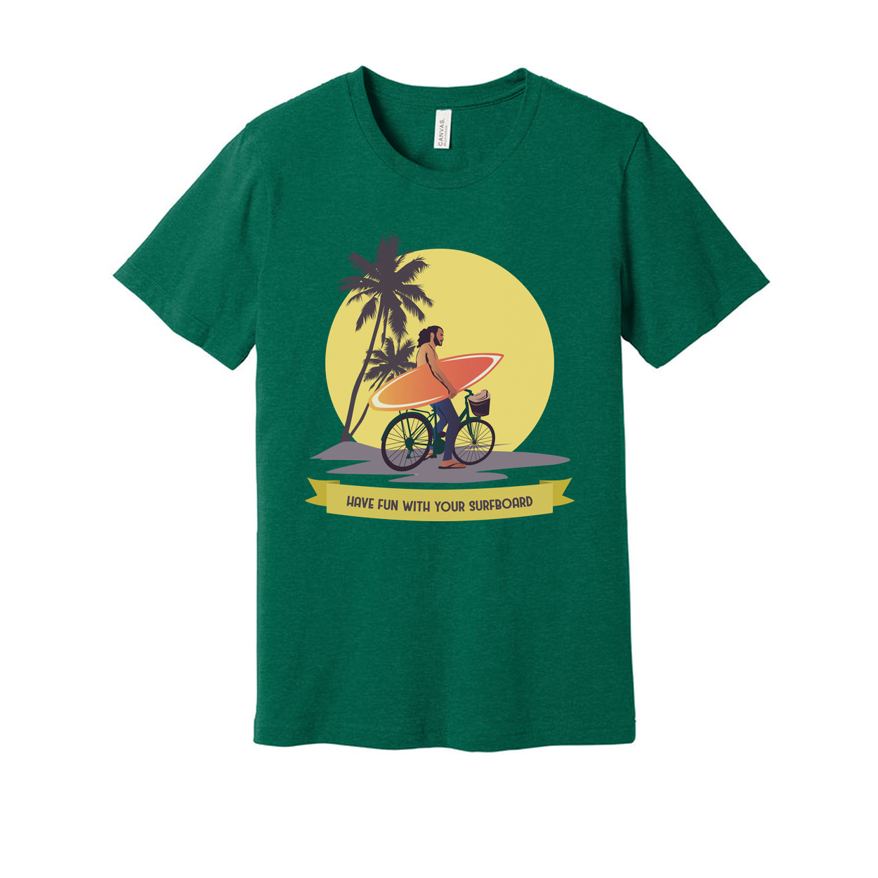 Unisex Surfing Graphic T Shirt With Palm Trees Sunset And Surfboard Illustration