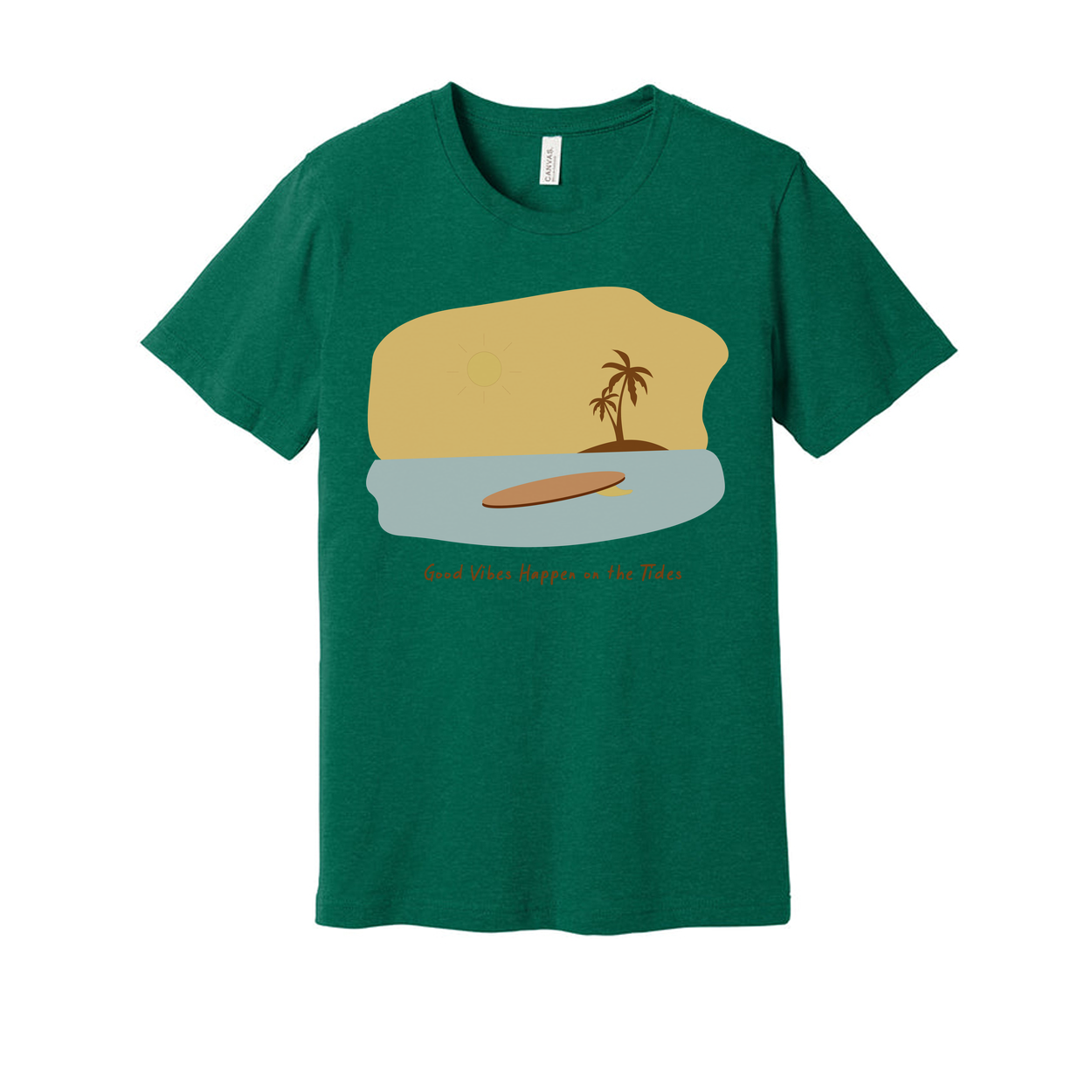 Unisex Surfing Graphic T Shirt With Surfboard Sunset Beach Scene And Palm Tree Artwork