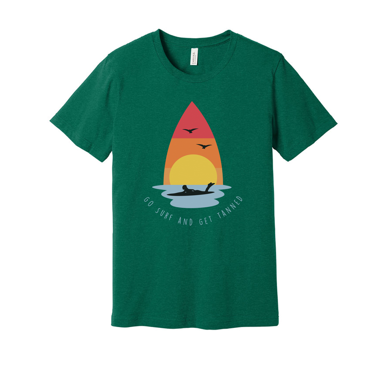 Unisex Surfing T Shirt With Sunset Surfboard Graphic And Ocean Sunrise Design Go Surf And Get Tanned Motif