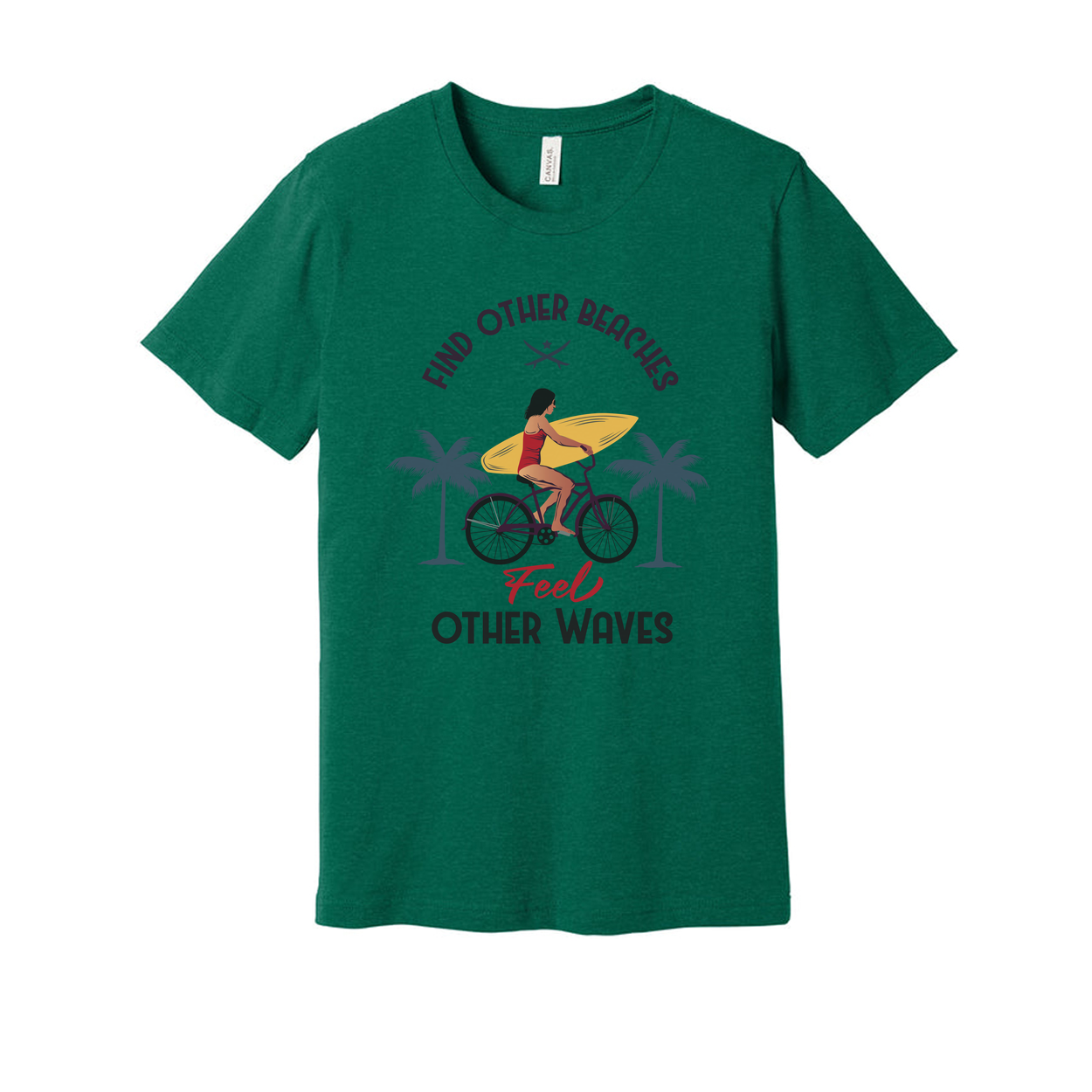 Unisex Surfing Graphic Tee With Surfboard Ride And Palm Trees On Beach Scene For Summer Vibes