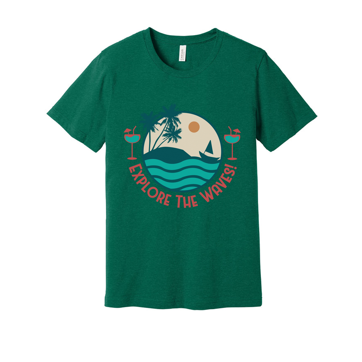 Unisex Surfing Graphic Tee With Circle Beach Scene Palm Trees Waves And Explore The Waves Text