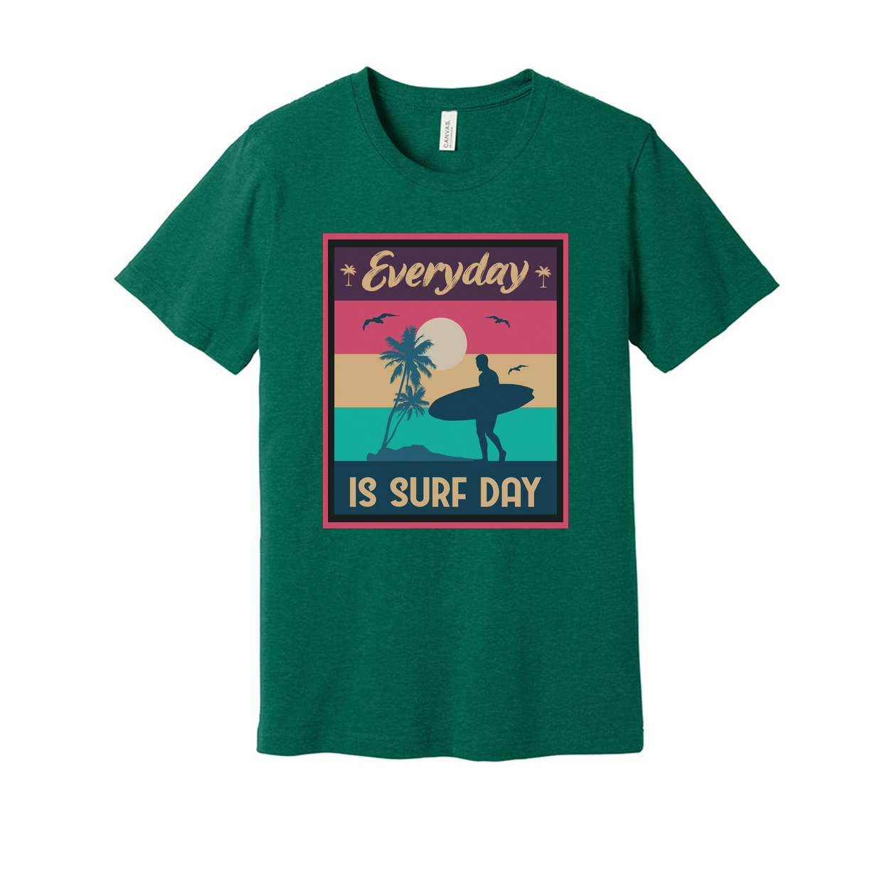 Everyday Is Surf Day Unisex Graphic Tee With Retro Sunset Beach Surfer Silhouette