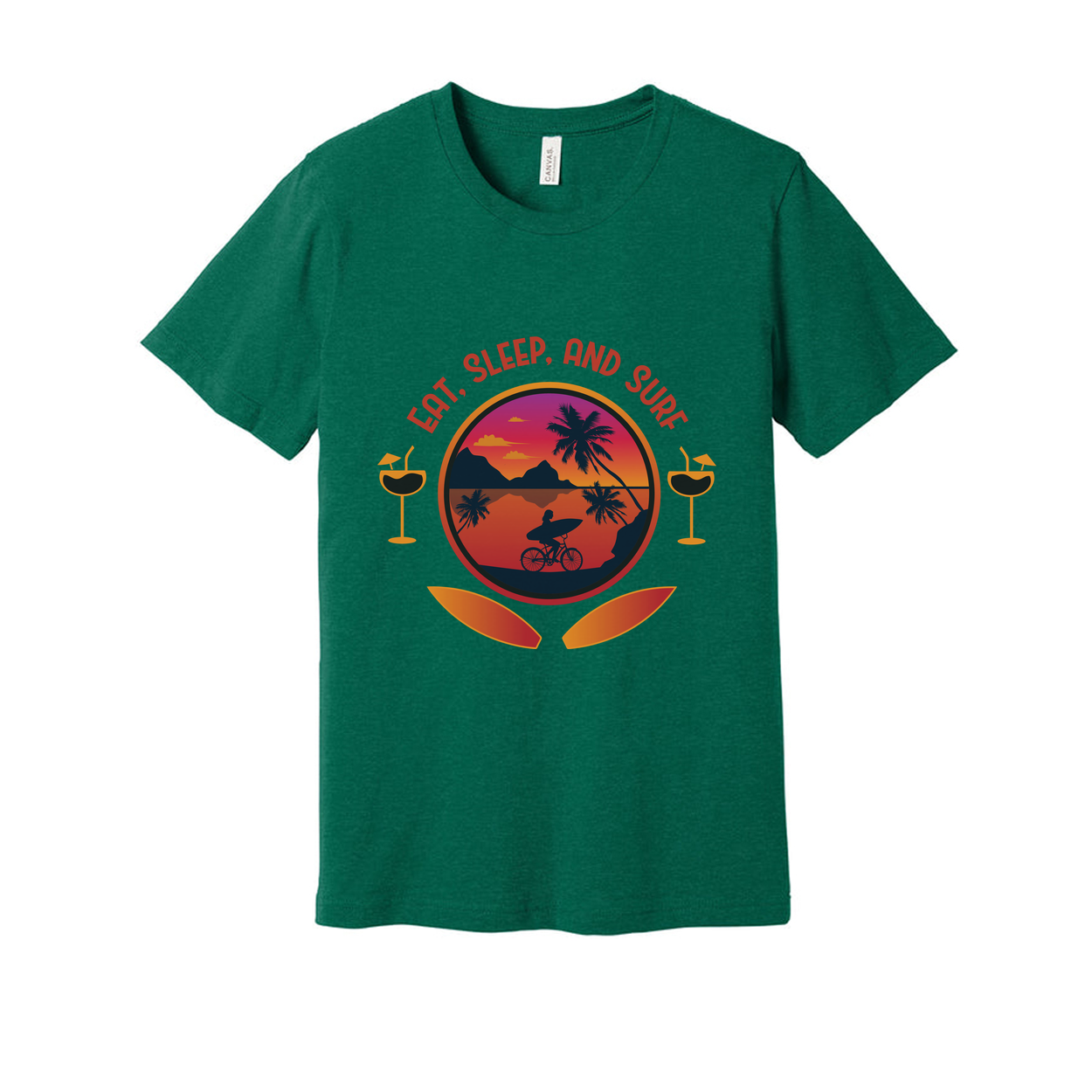 Eat Sleep And Surf Graphic Tee For Unisex Wear With Sunset Beach Scene And Palm Trees