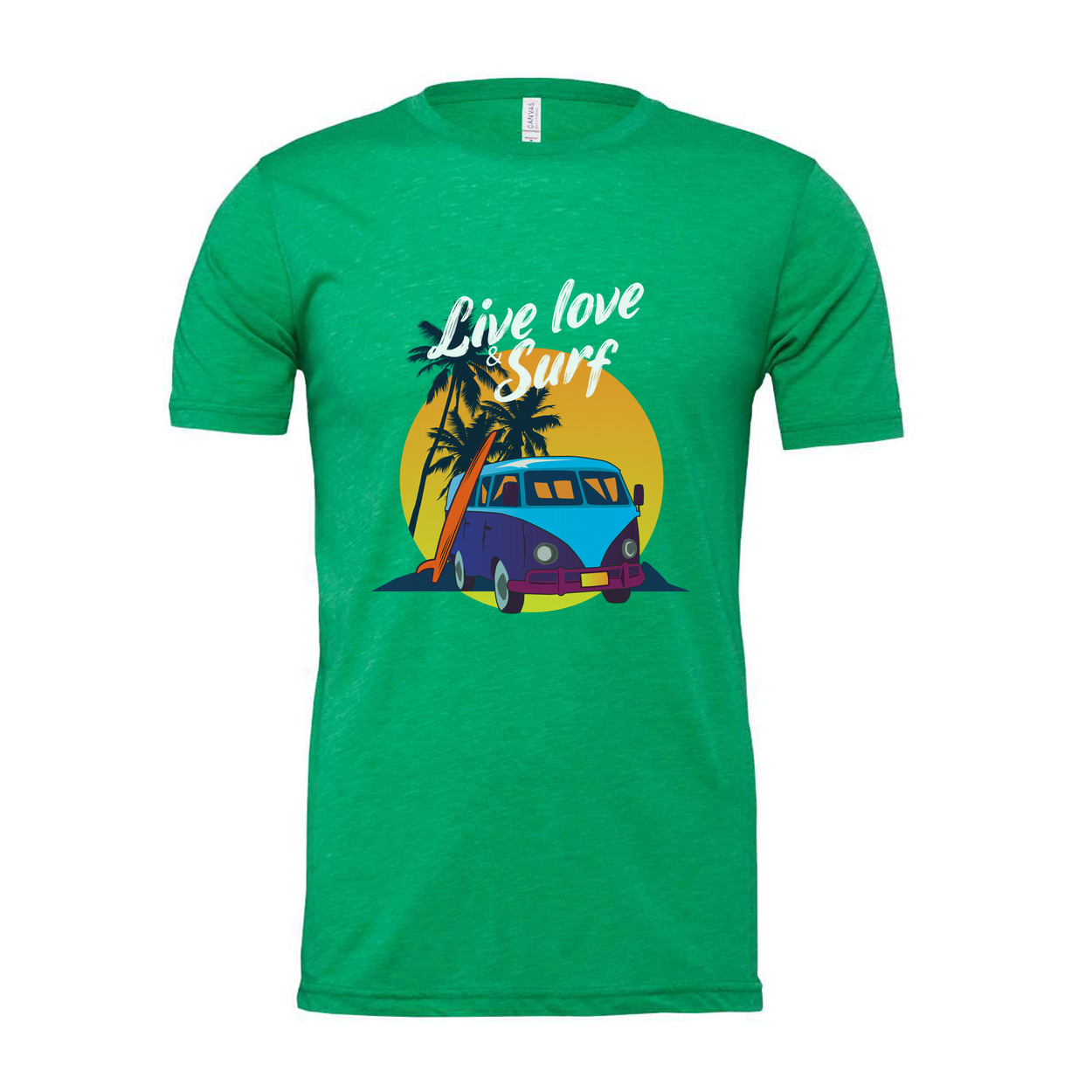 Unisex Surf Design T Shirt With Retro VW Van Palm Trees Sunset Background And Beach Vibe