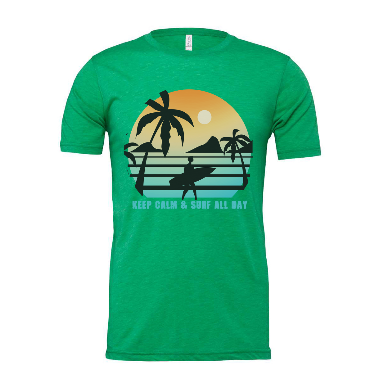 Unisex Sunset Surf Tee With Palm Tree Silhouette And Surfboard Graphic Keep Calm And Surf All Day