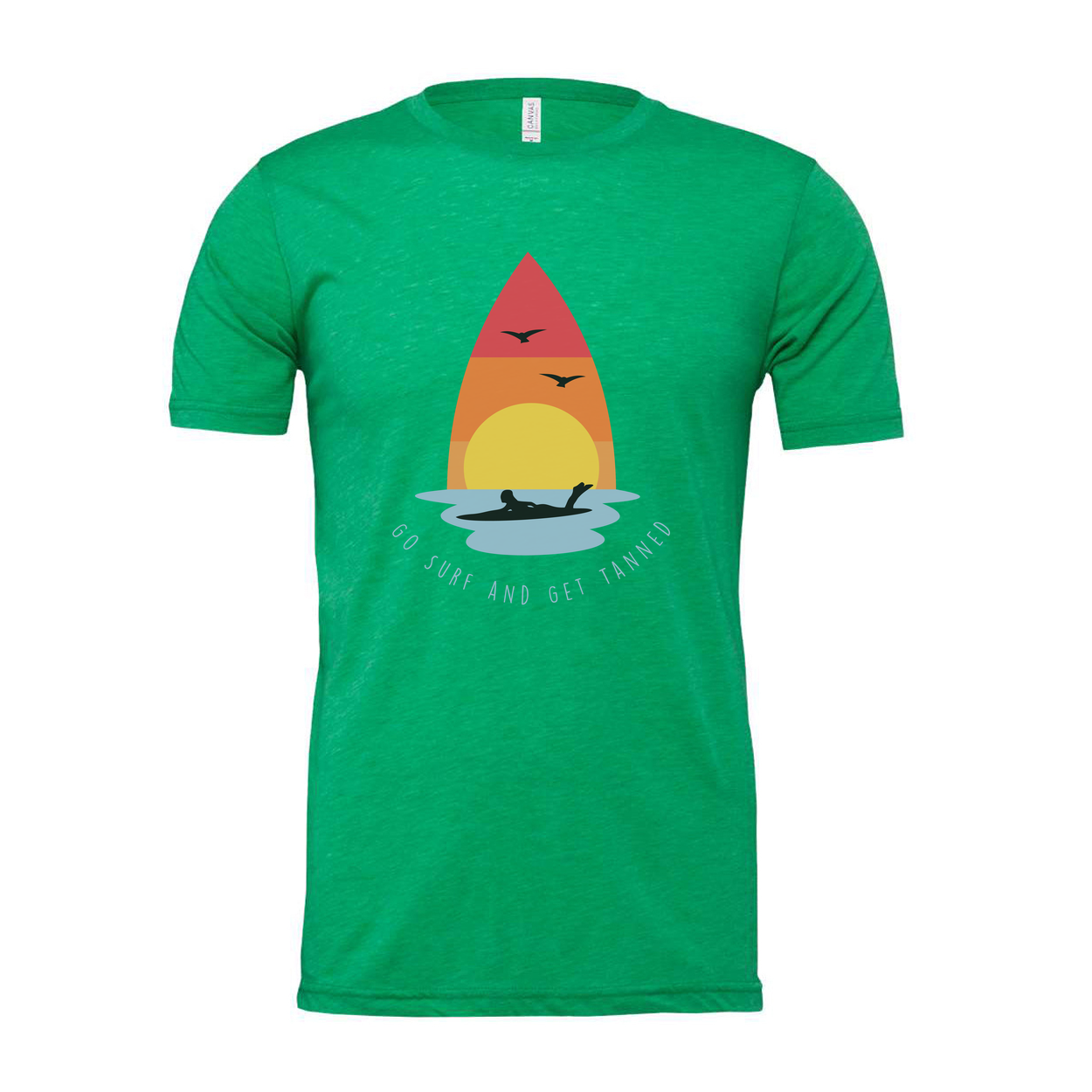 Unisex Surfing T Shirt With Sunset Surfboard Graphic And Ocean Sunrise Design Go Surf And Get Tanned Motif
