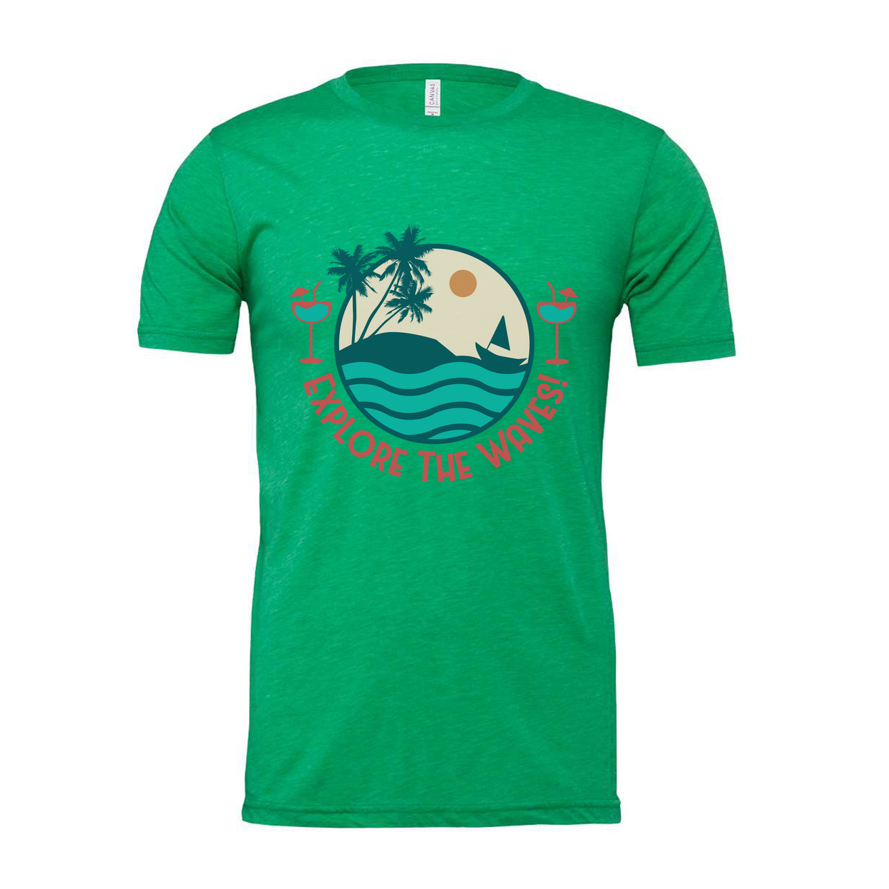 Unisex Surfing Graphic Tee With Circle Beach Scene Palm Trees Waves And Explore The Waves Text