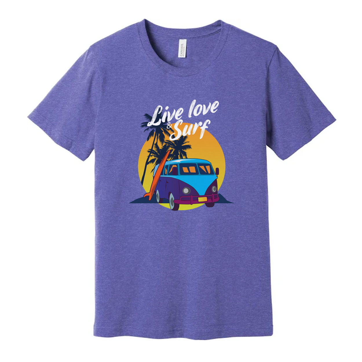 Unisex Surf Design T Shirt With Retro VW Van Palm Trees Sunset Background And Beach Vibe
