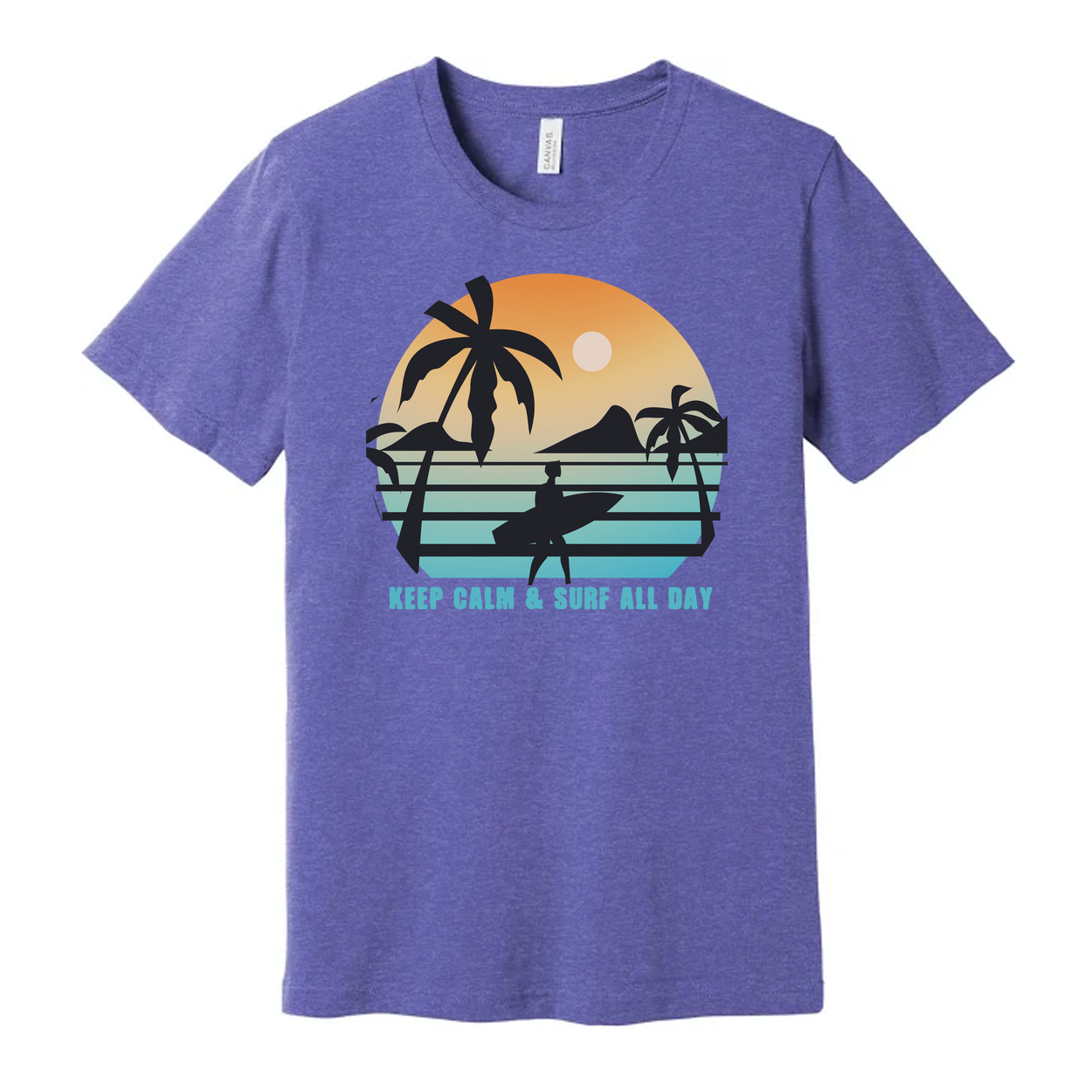 Unisex Sunset Surf Tee With Palm Tree Silhouette And Surfboard Graphic Keep Calm And Surf All Day