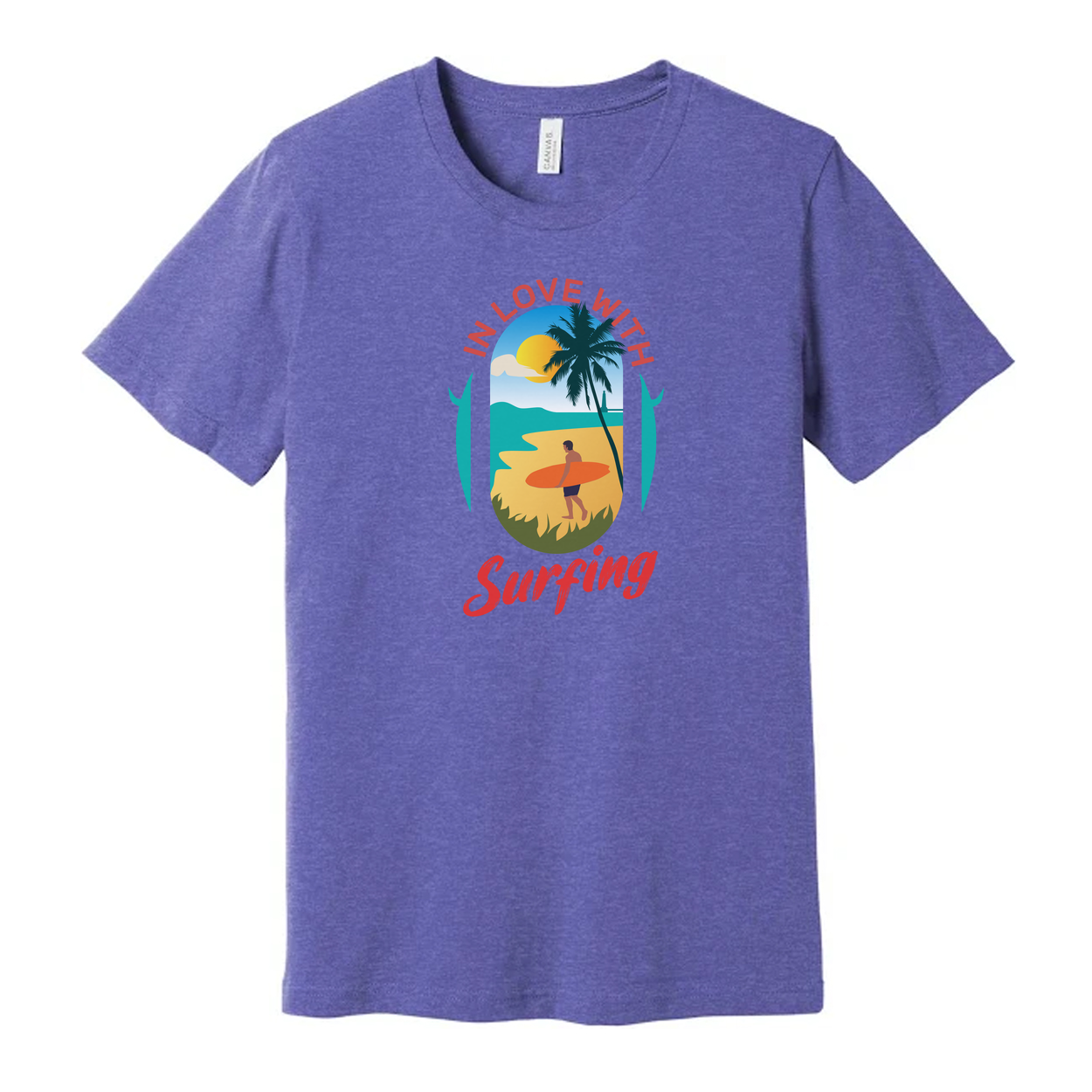 In Love With Surfing Graphic Unisex T Shirt Beach Scene Sunset Palm Design For Surf Lovers Worldwide