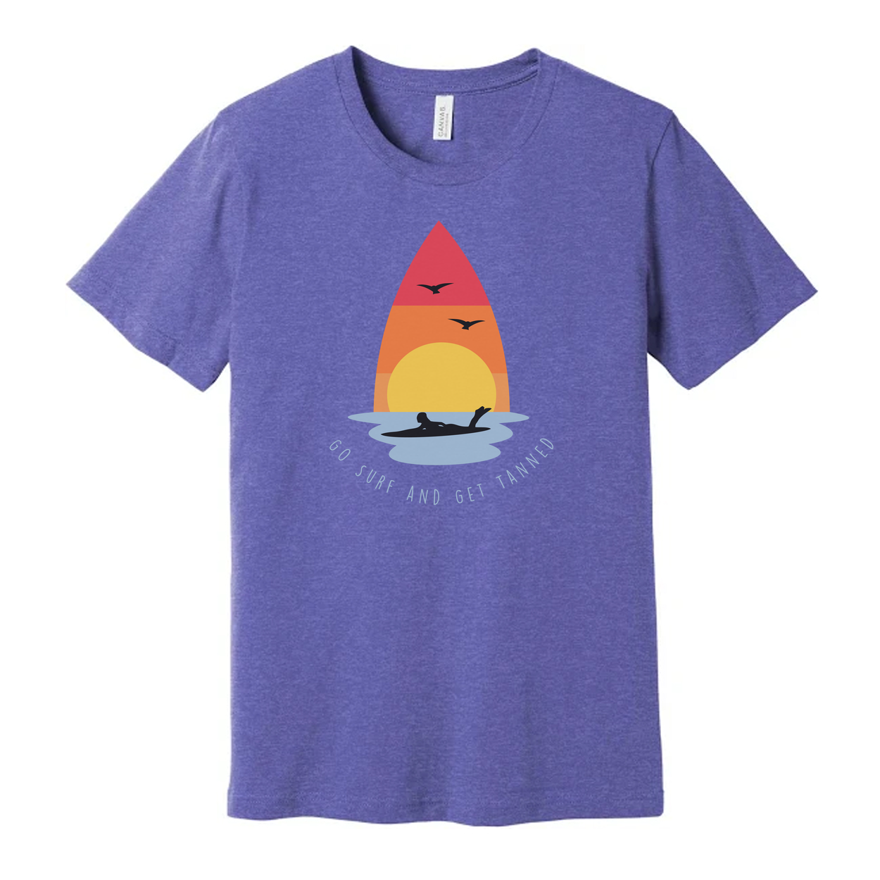 Unisex Surfing T Shirt With Sunset Surfboard Graphic And Ocean Sunrise Design Go Surf And Get Tanned Motif