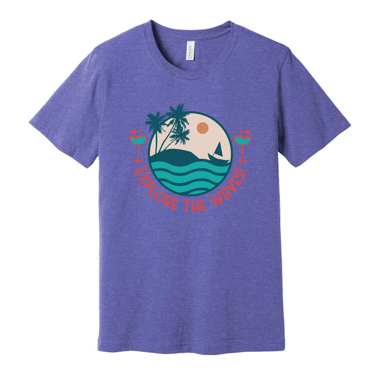 Unisex Surfing Graphic Tee With Circle Beach Scene Palm Trees Waves And Explore The Waves Text