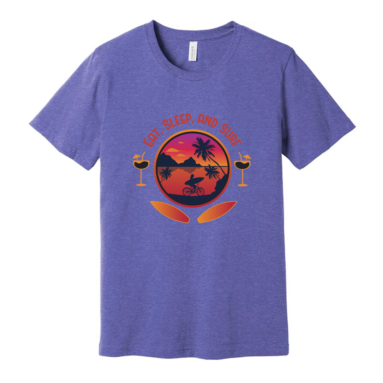 Eat Sleep And Surf Graphic Tee For Unisex Wear With Sunset Beach Scene And Palm Trees