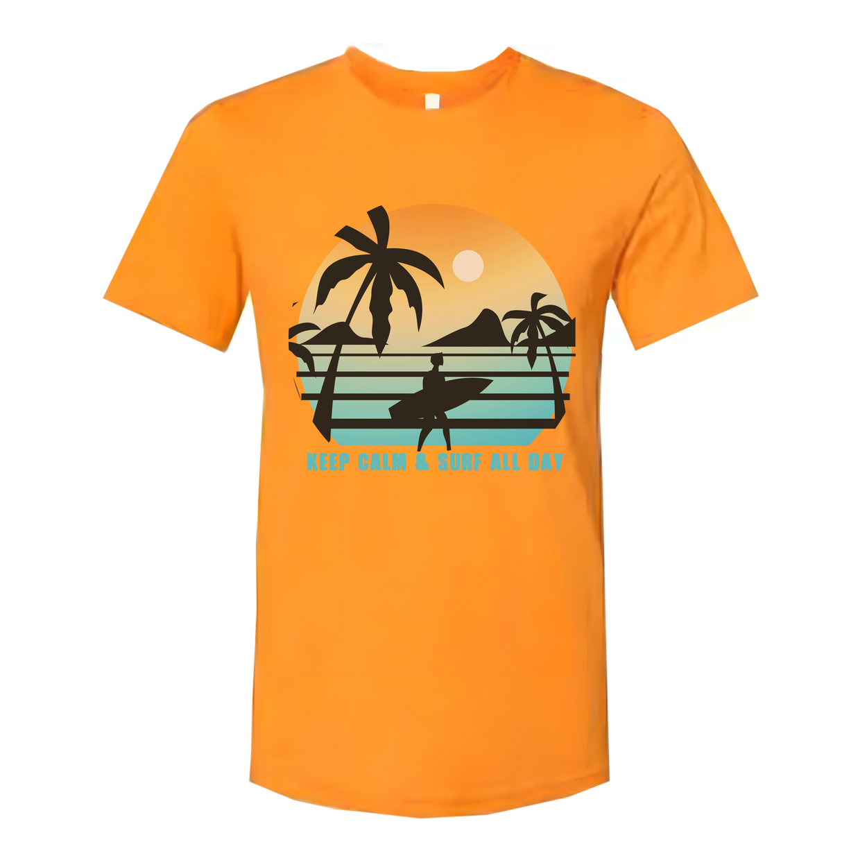 Unisex Sunset Surf Tee With Palm Tree Silhouette And Surfboard Graphic Keep Calm And Surf All Day