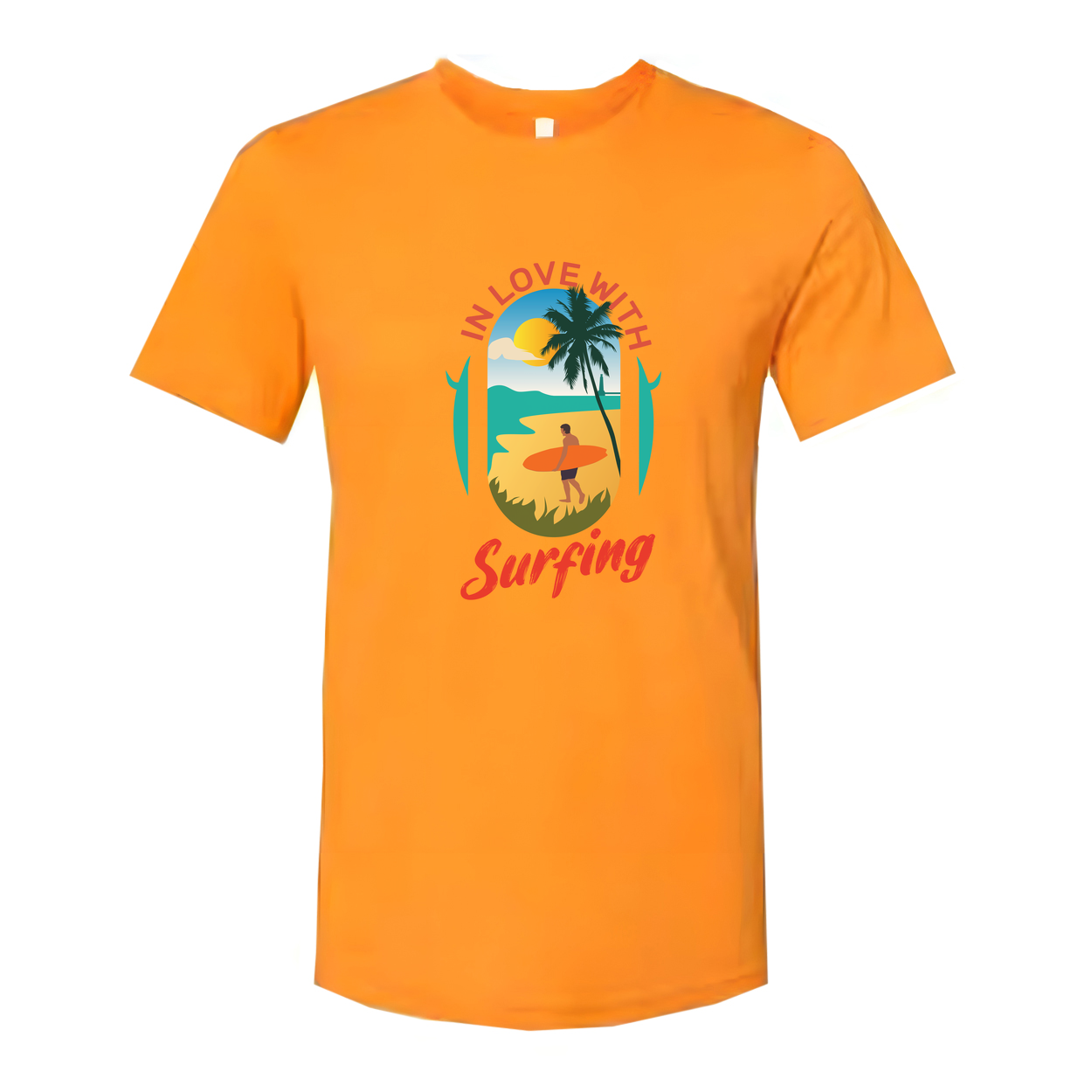 In Love With Surfing Graphic Unisex T Shirt Beach Scene Sunset Palm Design For Surf Lovers Worldwide