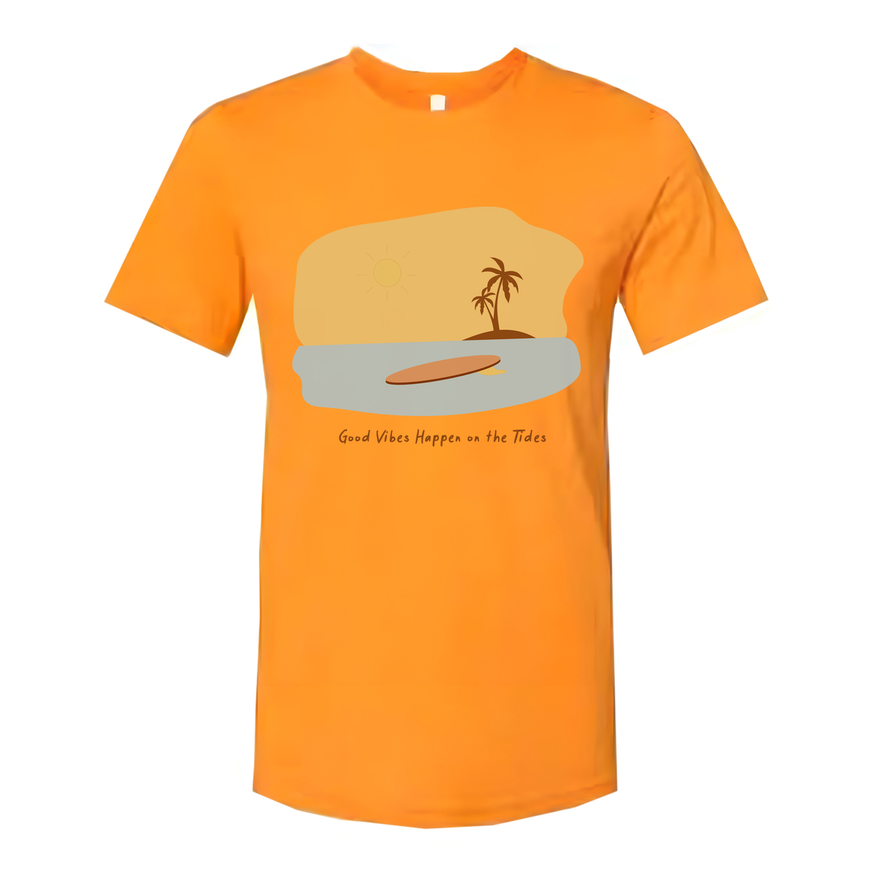 Unisex Surfing Graphic T Shirt With Surfboard Sunset Beach Scene And Palm Tree Artwork