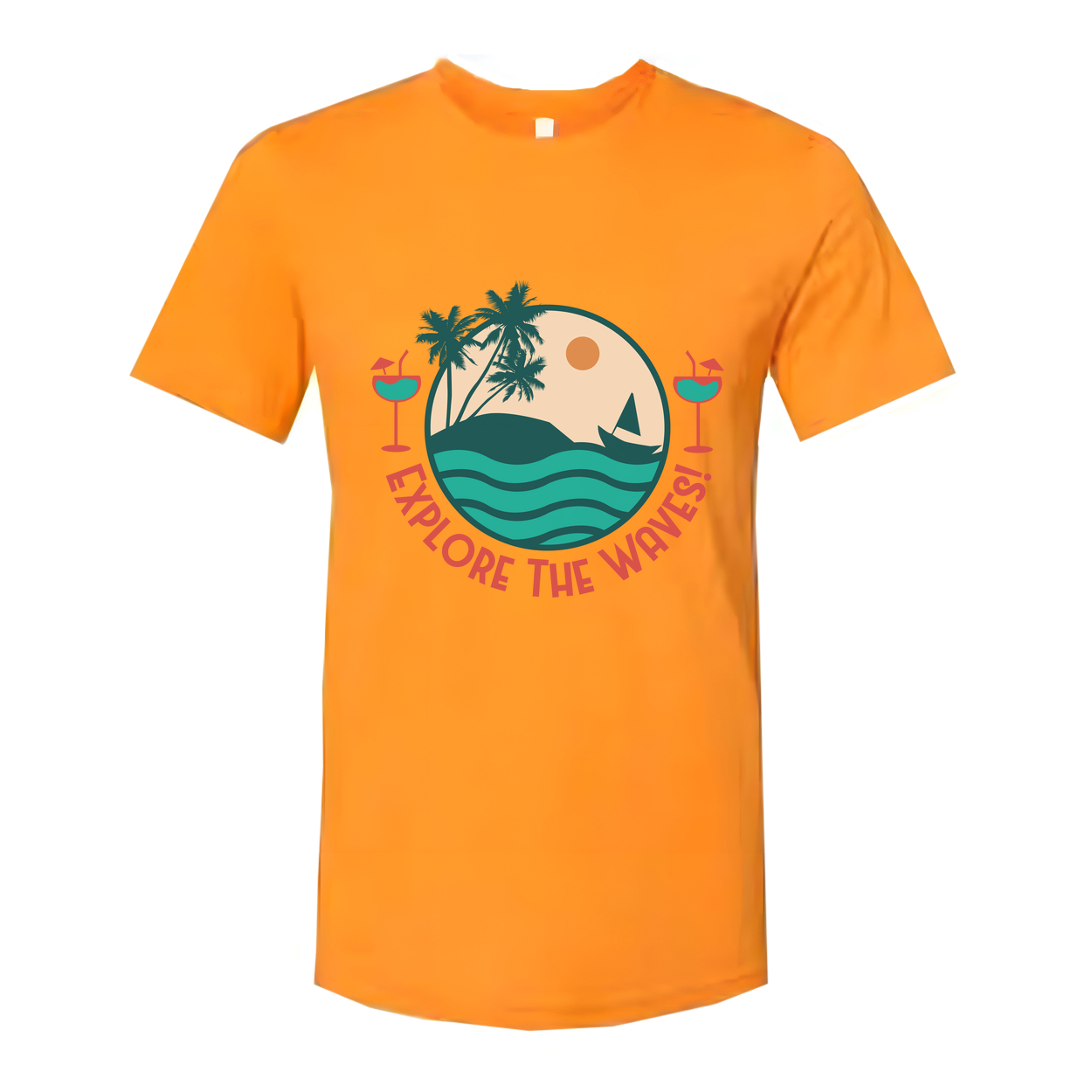 Unisex Surfing Graphic Tee With Circle Beach Scene Palm Trees Waves And Explore The Waves Text