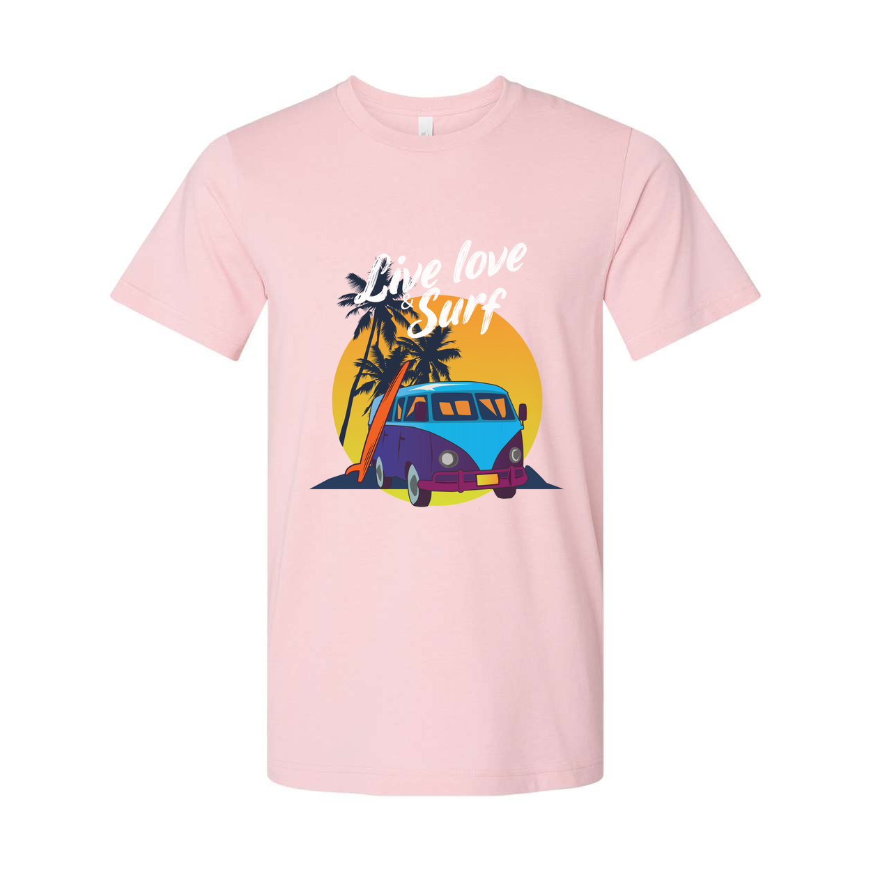 Unisex Surf Design T Shirt With Retro VW Van Palm Trees Sunset Background And Beach Vibe