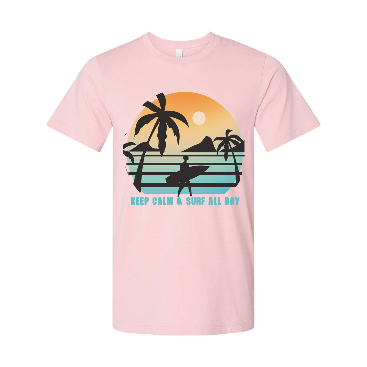 Unisex Sunset Surf Tee With Palm Tree Silhouette And Surfboard Graphic Keep Calm And Surf All Day