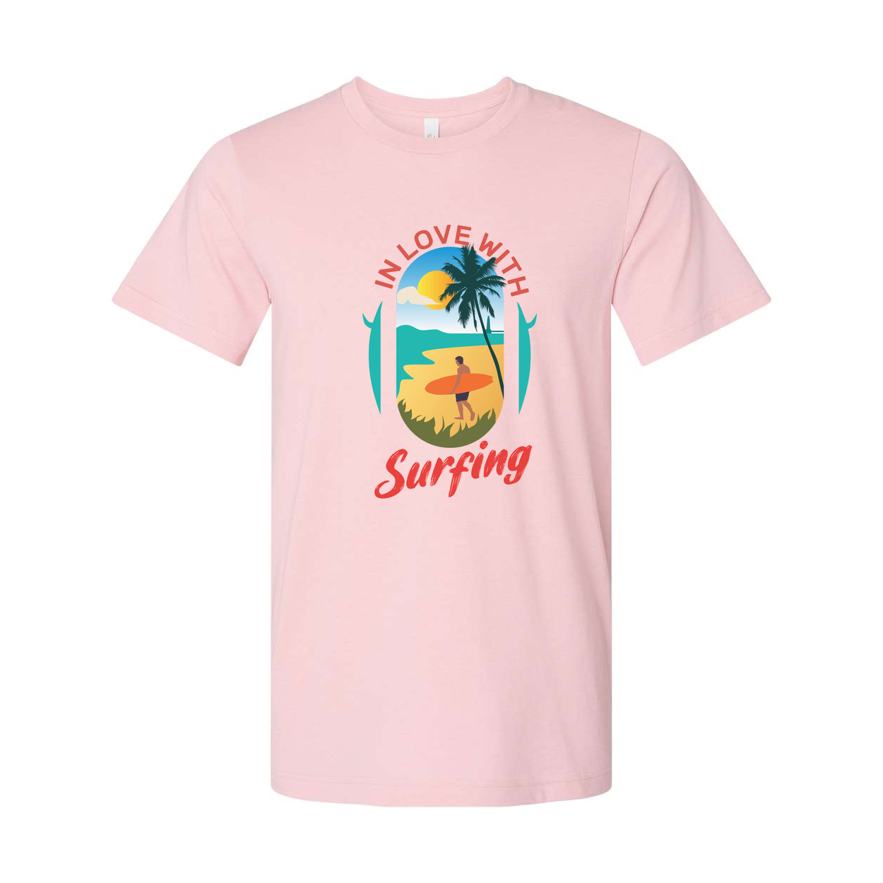 In Love With Surfing Graphic Unisex T Shirt Beach Scene Sunset Palm Design For Surf Lovers Worldwide