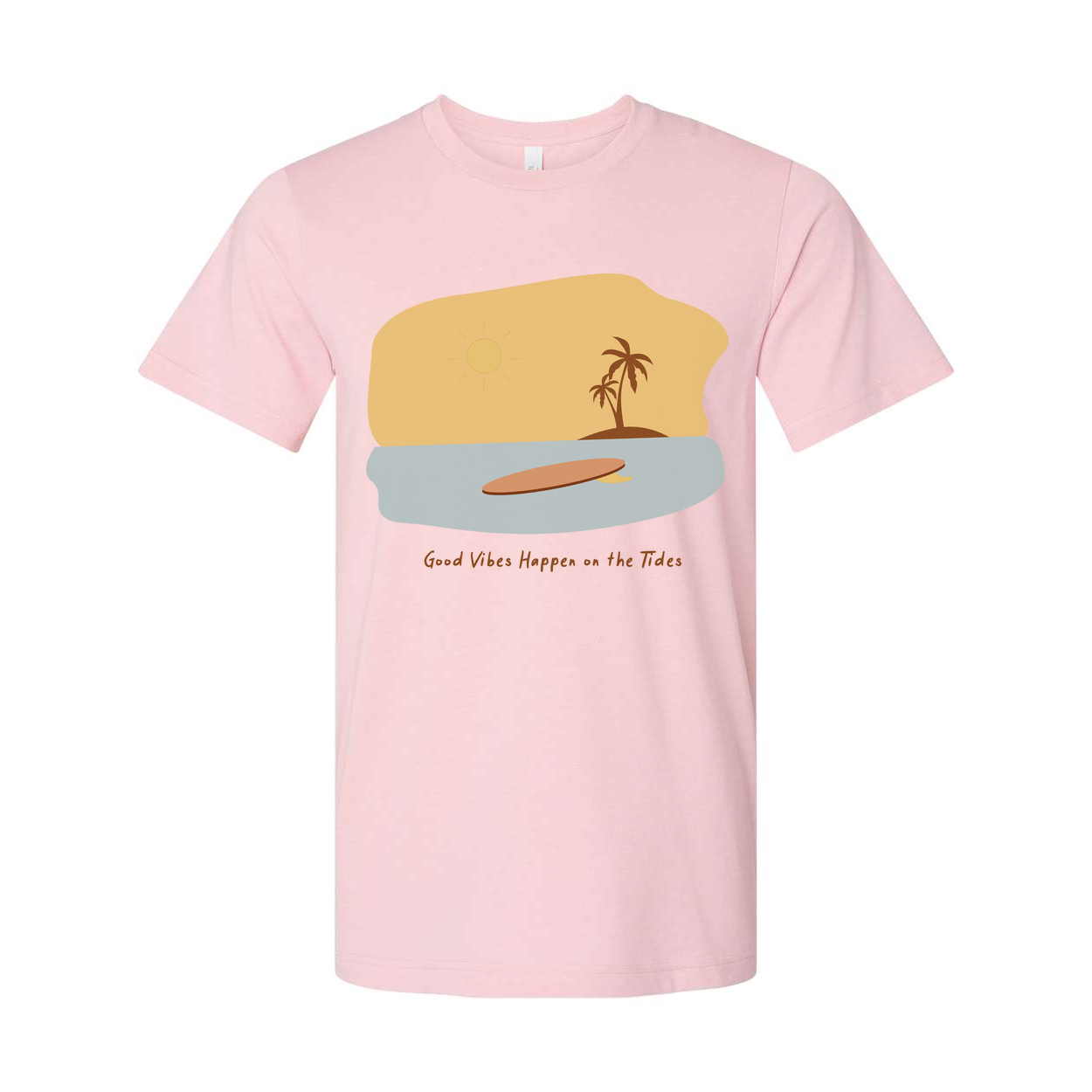 Unisex Surfing Graphic T Shirt With Surfboard Sunset Beach Scene And Palm Tree Artwork