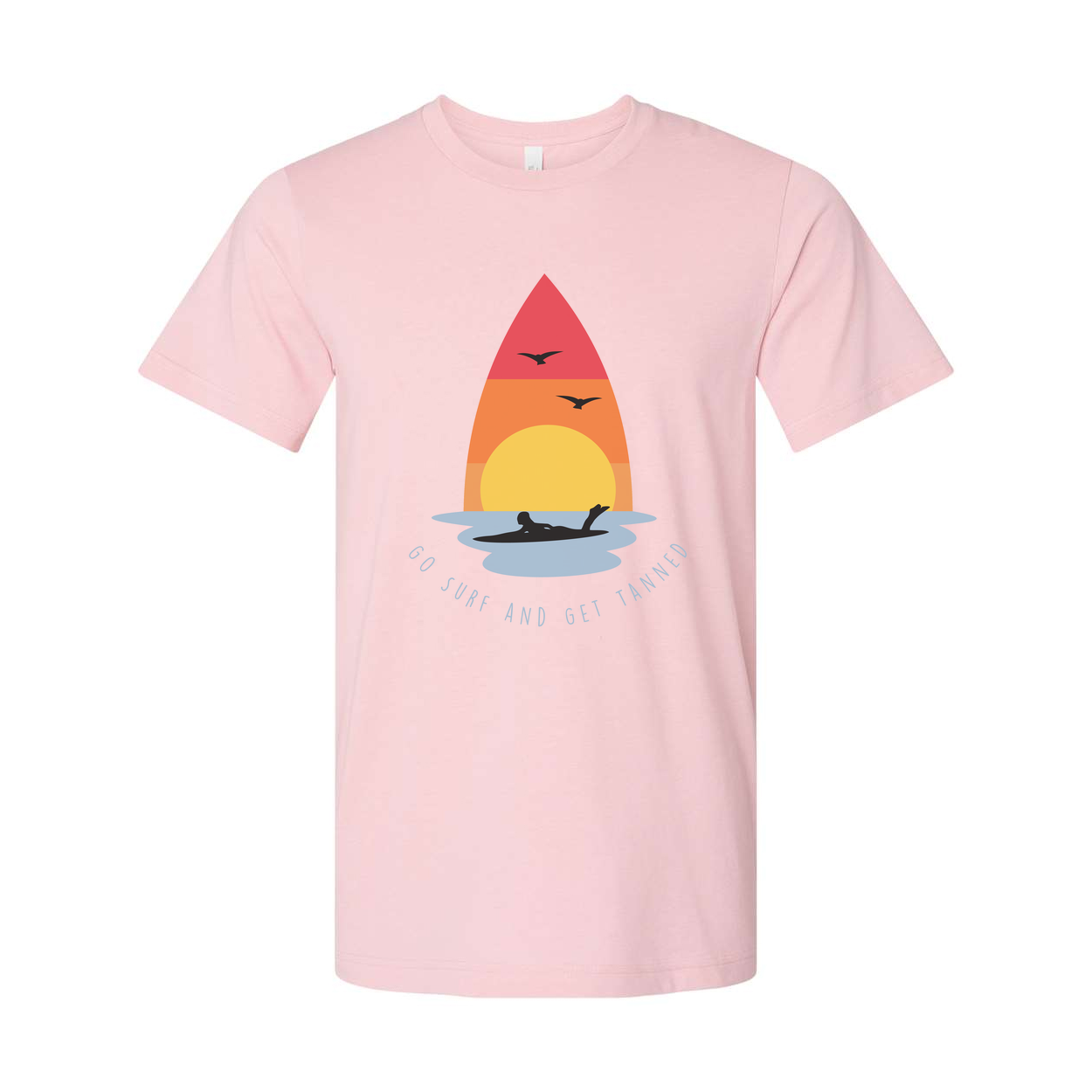 Unisex Surfing T Shirt With Sunset Surfboard Graphic And Ocean Sunrise Design Go Surf And Get Tanned Motif