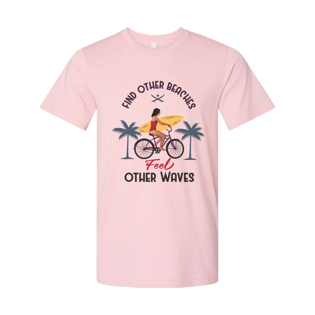 Unisex Surfing Graphic Tee With Surfboard Ride And Palm Trees On Beach Scene For Summer Vibes
