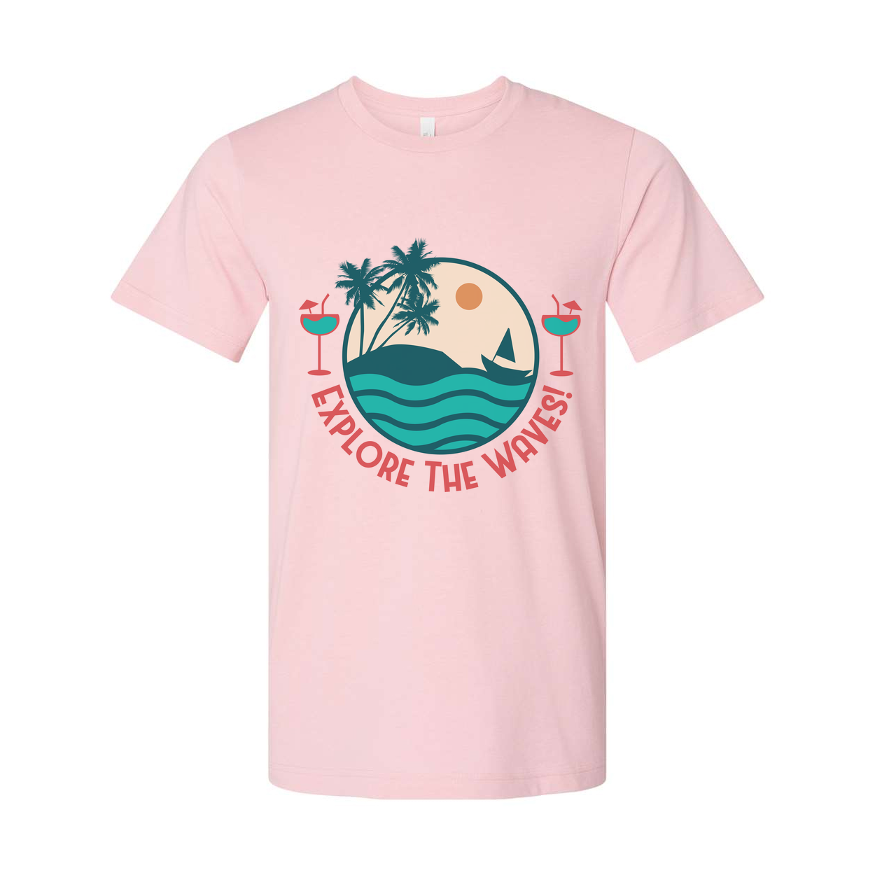 Unisex Surfing Graphic Tee With Circle Beach Scene Palm Trees Waves And Explore The Waves Text
