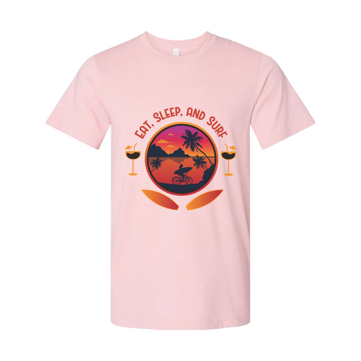 Eat Sleep And Surf Graphic Tee For Unisex Wear With Sunset Beach Scene And Palm Trees