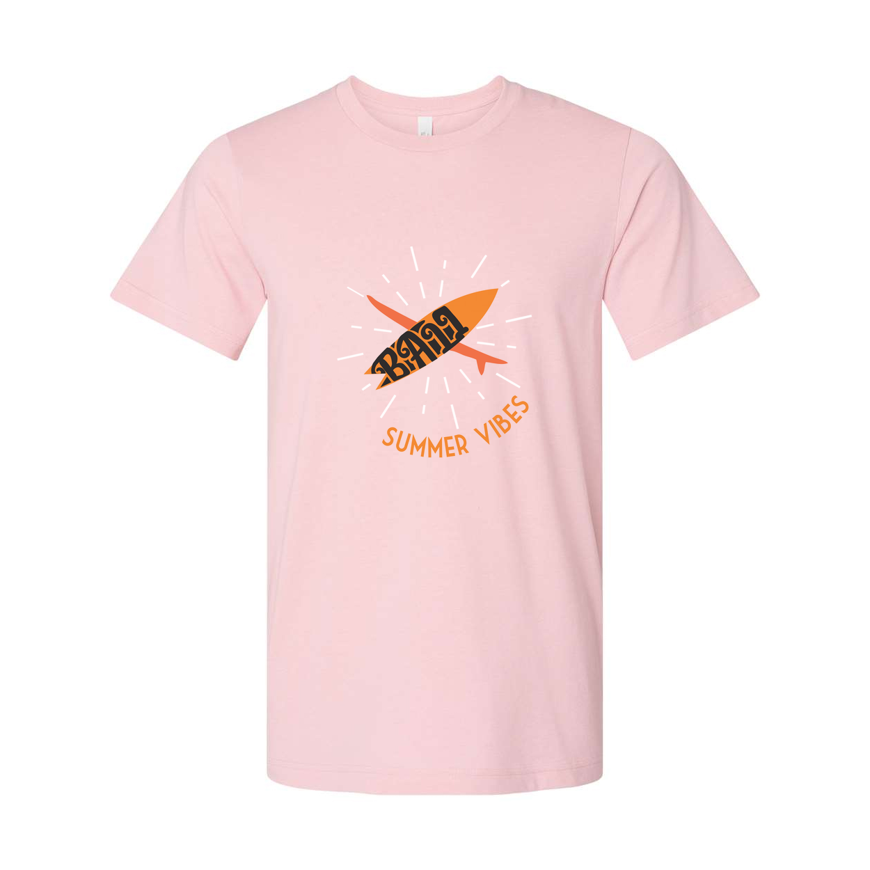 Unisex Surfing Graphic T Shirt With Vibrant Orange Surfboard Design And Summer Vibes