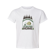 Wilderness Is Second Home Camping Graphic T Shirt With Tent And Forest Scene For Outdoor Enthusiasts