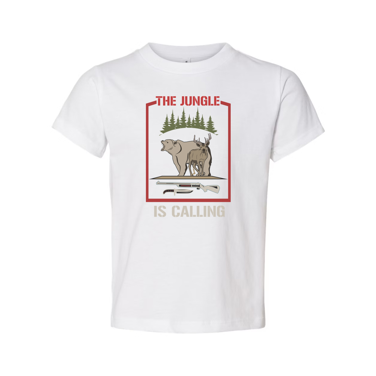 Unisex Hunting T Shirt With Jungle Scene And Forest Border Bear And Deer Illustration