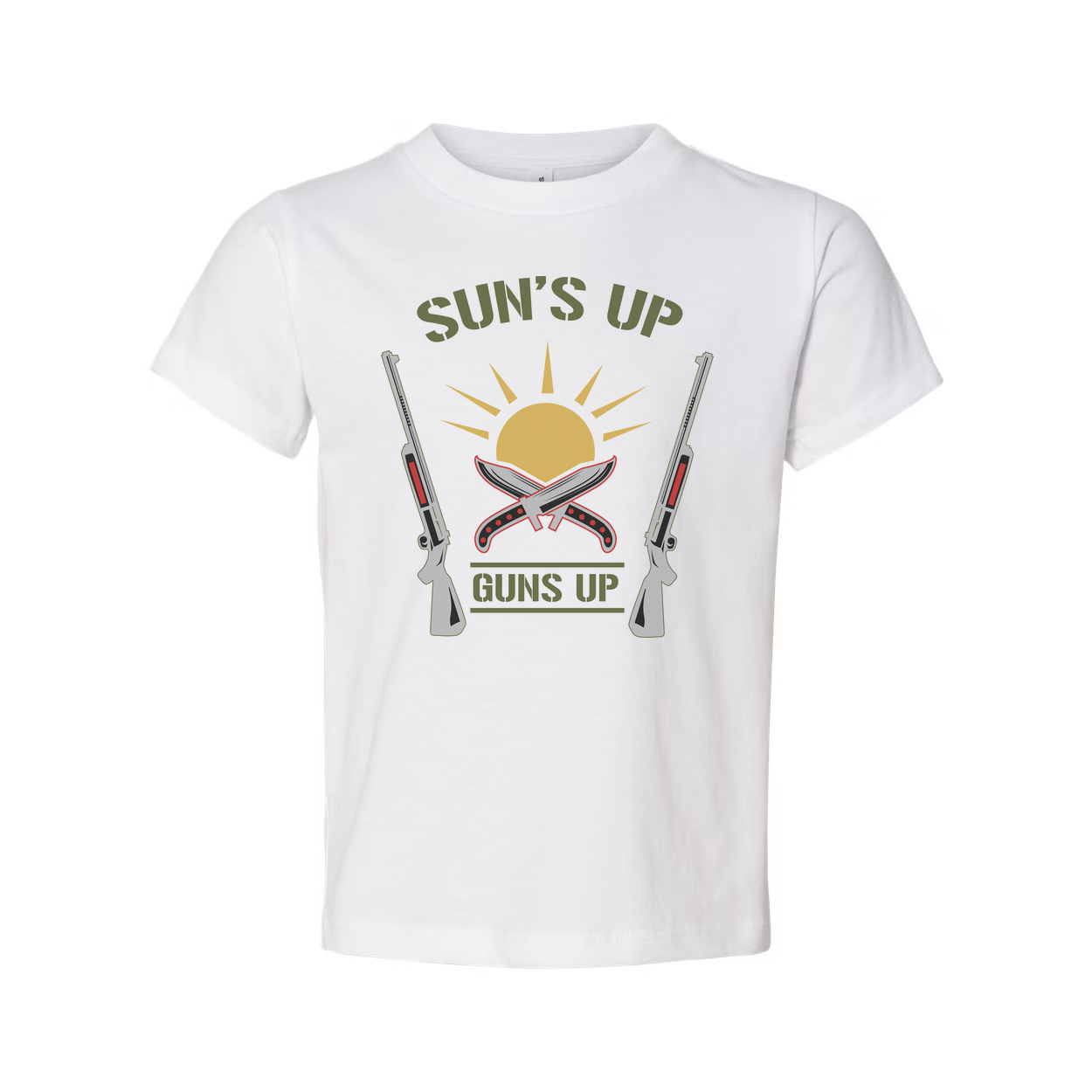 Sun's Up Guns Up Hunting Graphic T Shirt For Hunters And Outdoor Enthusiasts With Bold Vintage Design