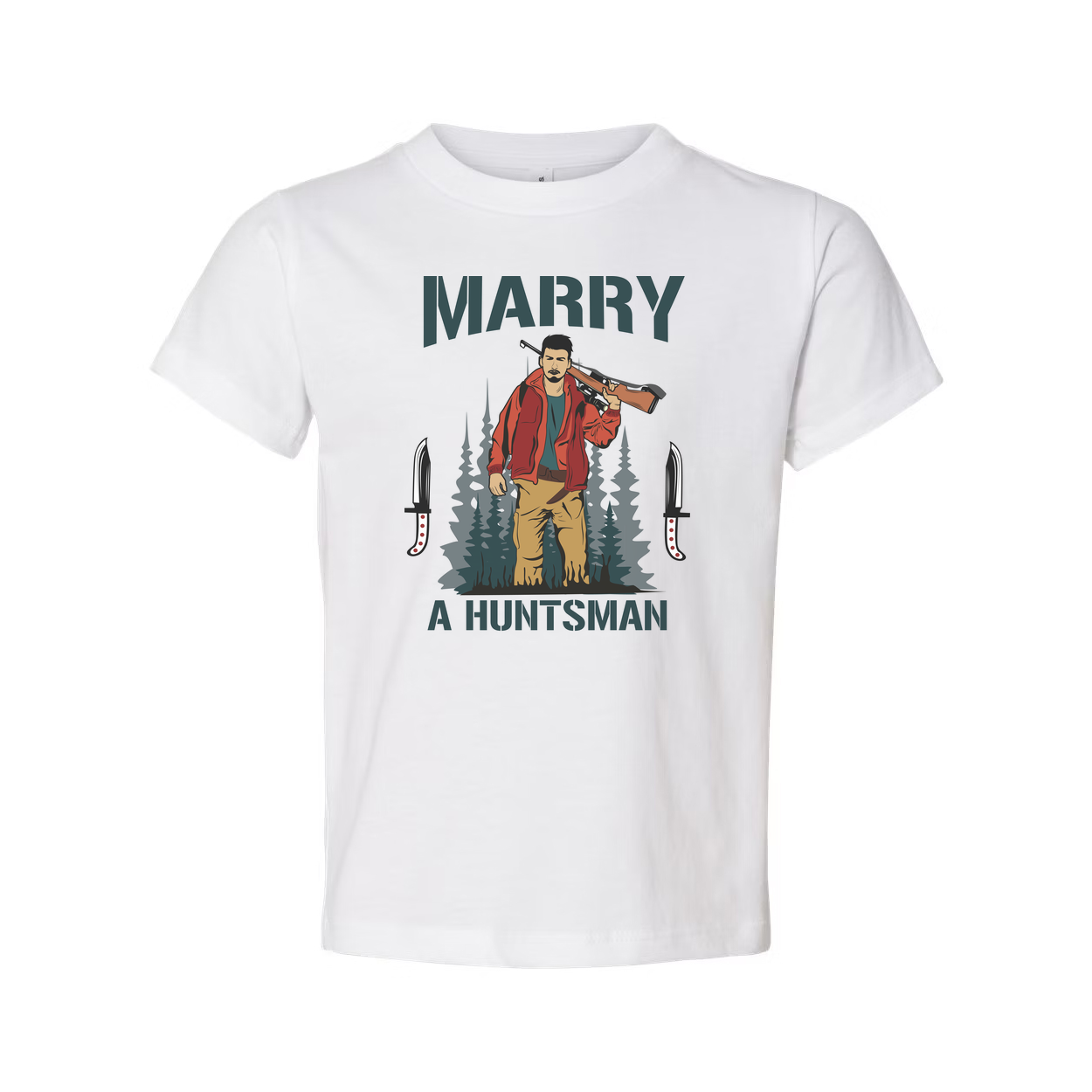 Marry A Huntsman Graphic Tee Unisex Hunting Themed Shirt With Forest Backdrop And Knife Motifs